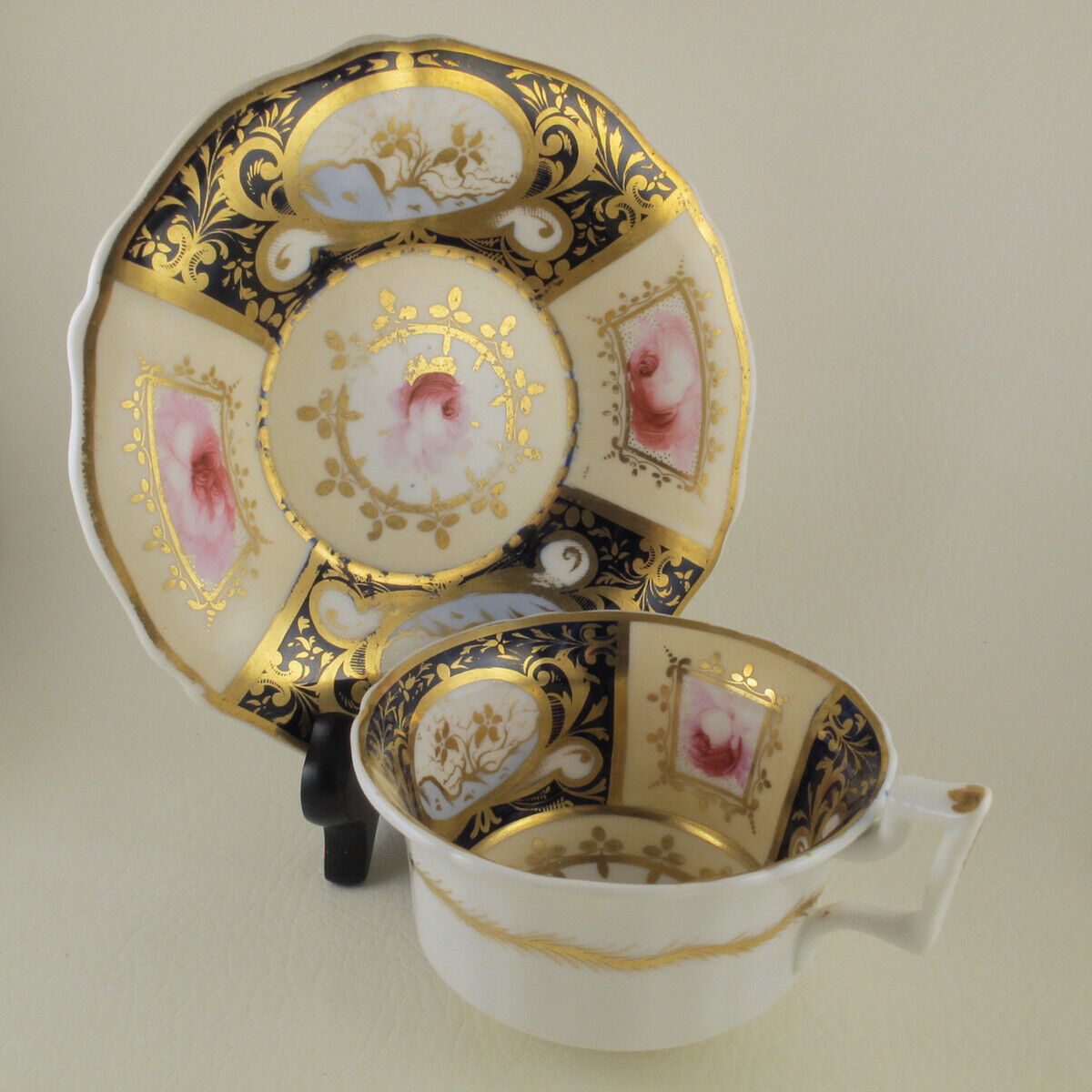 English Porcelain c1828 ALCOCK Flute Shape Cup & Saucer Rose Panel Pattern 654