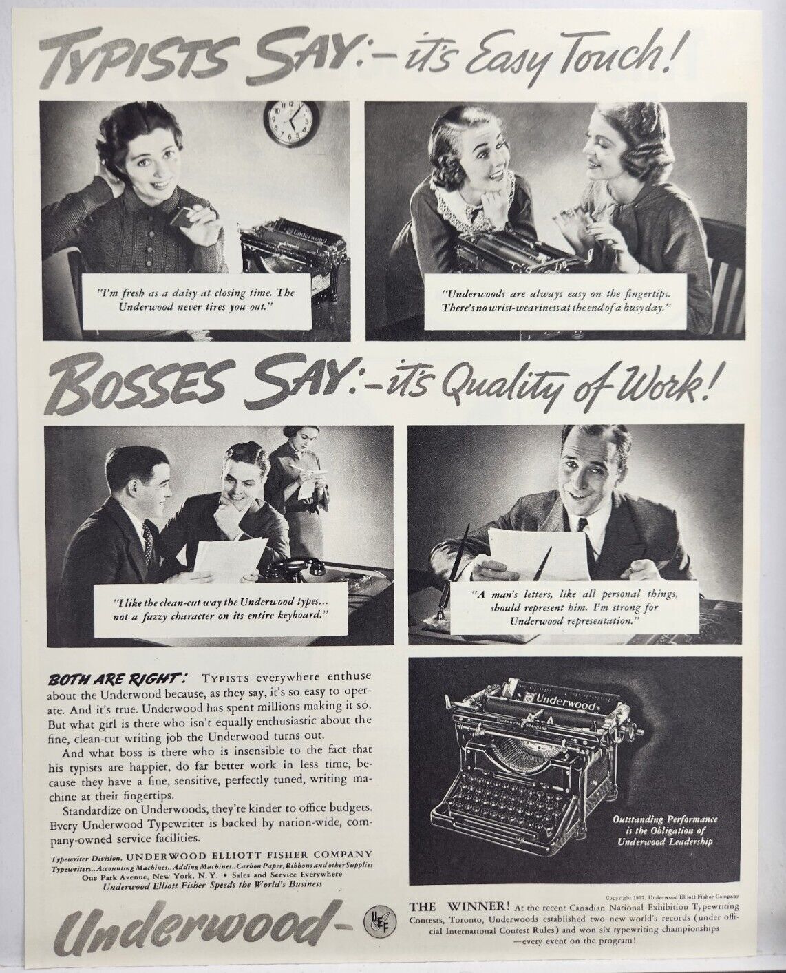 1937 Underwood Typewriter Bosses Say Vtg Print Ad Man Cave Art Deco Poster 30\'s