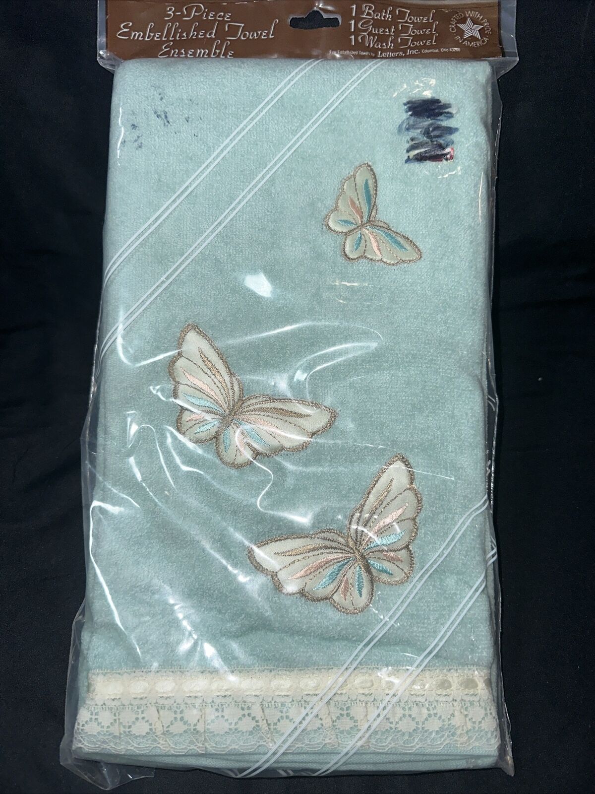 Vintage 3pc Blue Butterfly NOS Bath Towel Set Bath Towel, Guest, Wash Cloth