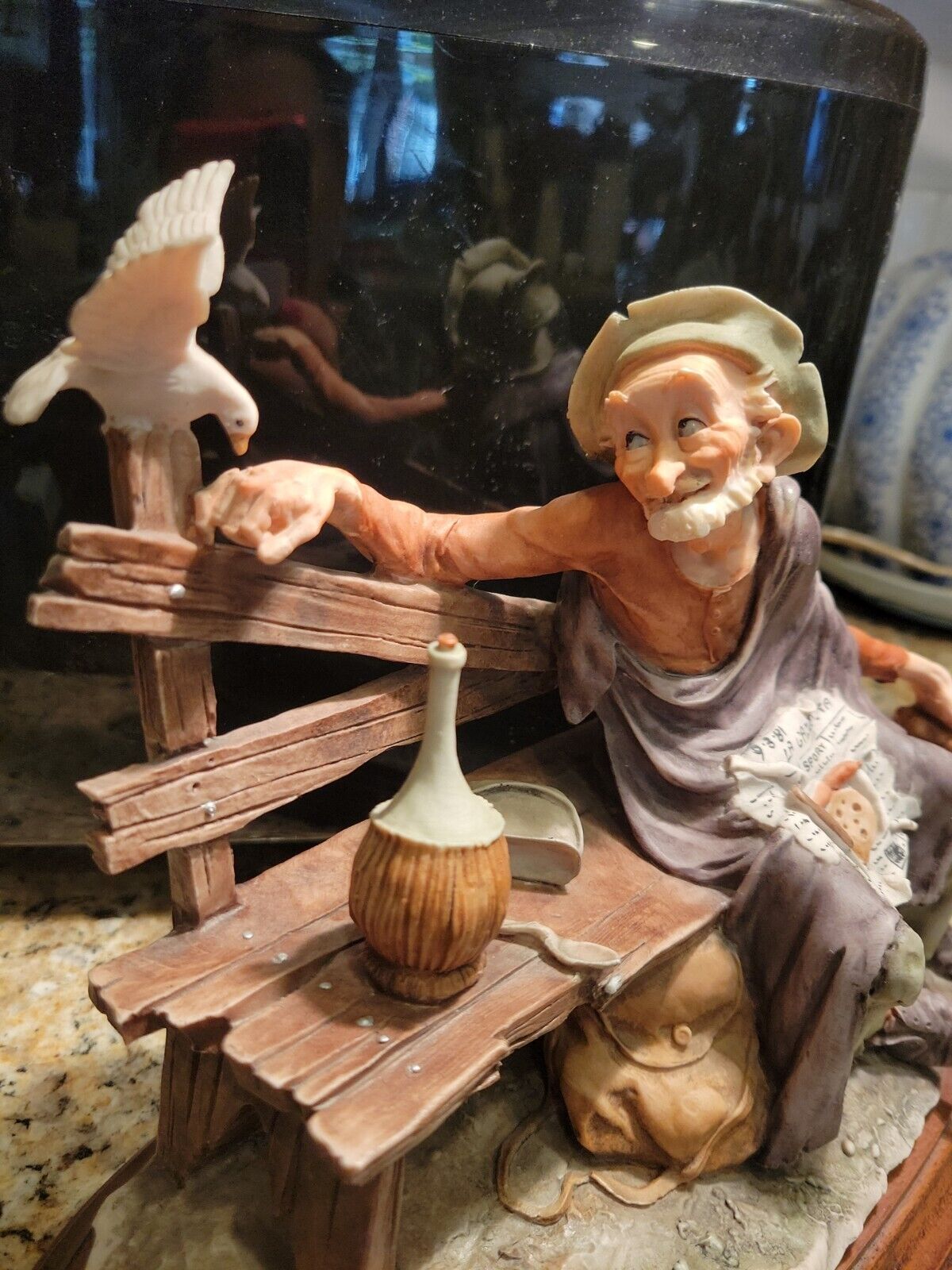 Vintage 80s Giuseppe Armani Porcelain Cute Old Man Feeding Dove On Bench \