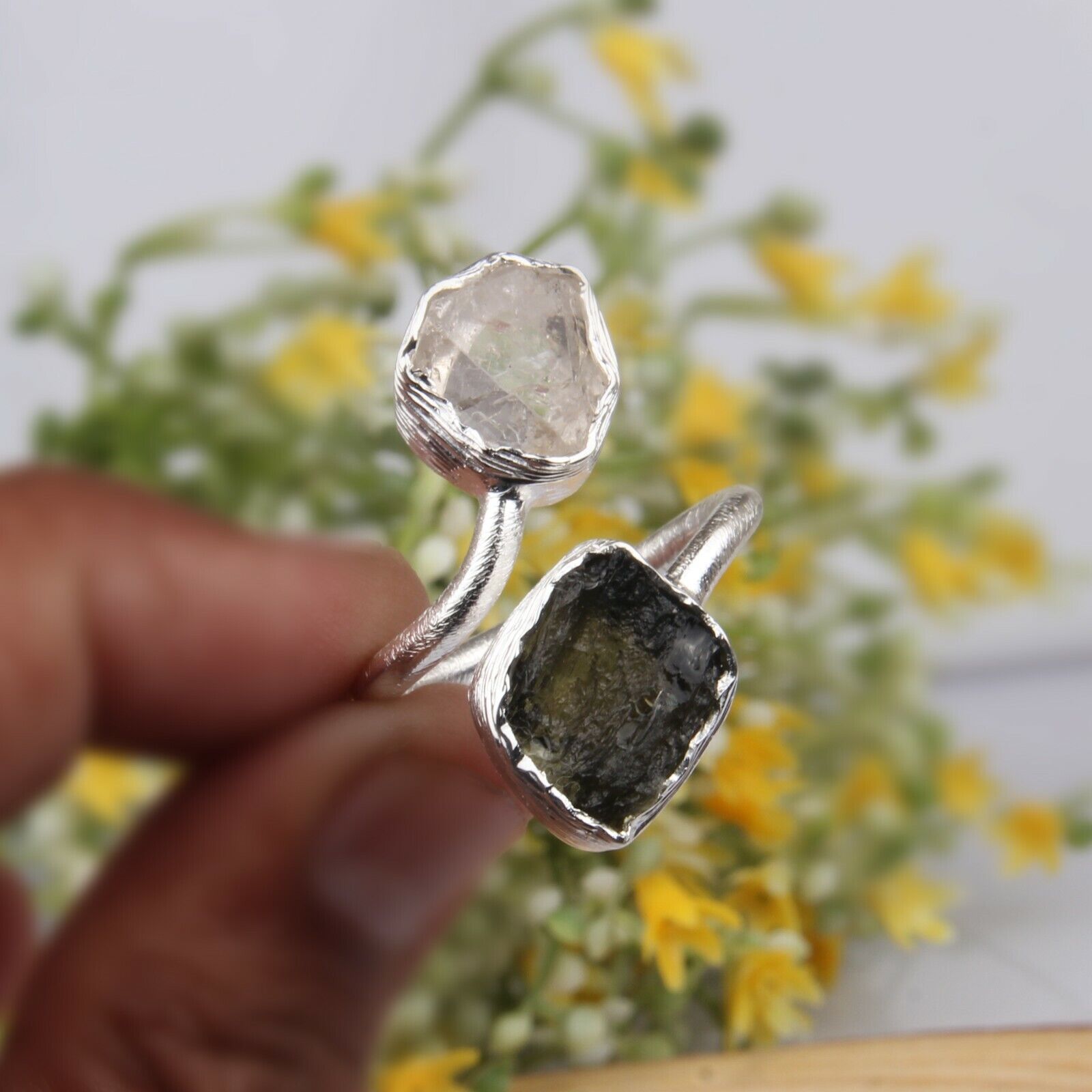 Authentic Czech Moldavite Healing Ring Sterling Silver Bypass Ring Jewelry