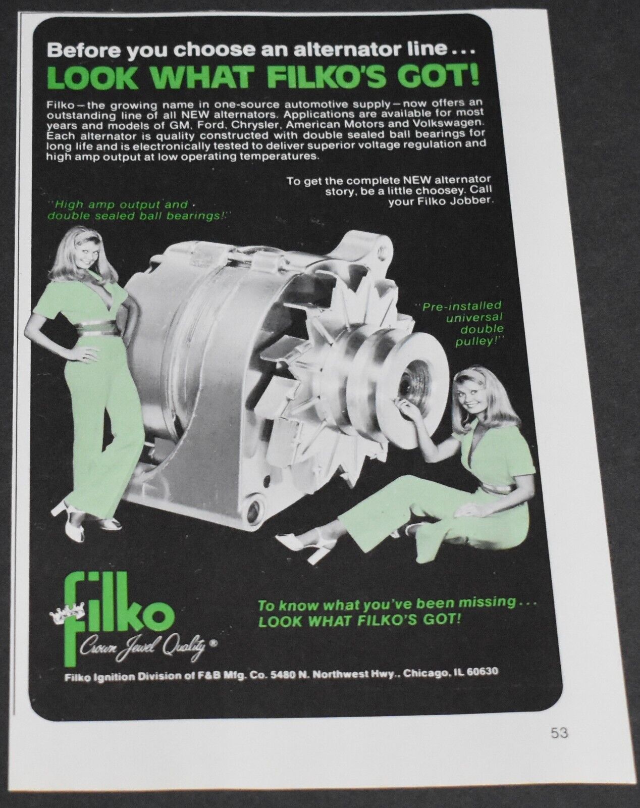 1975 Print Ad Art Pinup Girl Filko Jobber Alternator High Amp Chicago IL Sexy