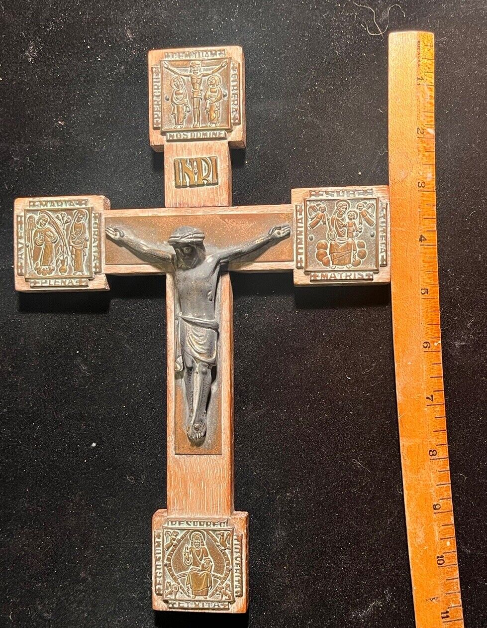 Large Vintage Wood Carved Crucifix from Germany - Aged Natural Patina Rare Find