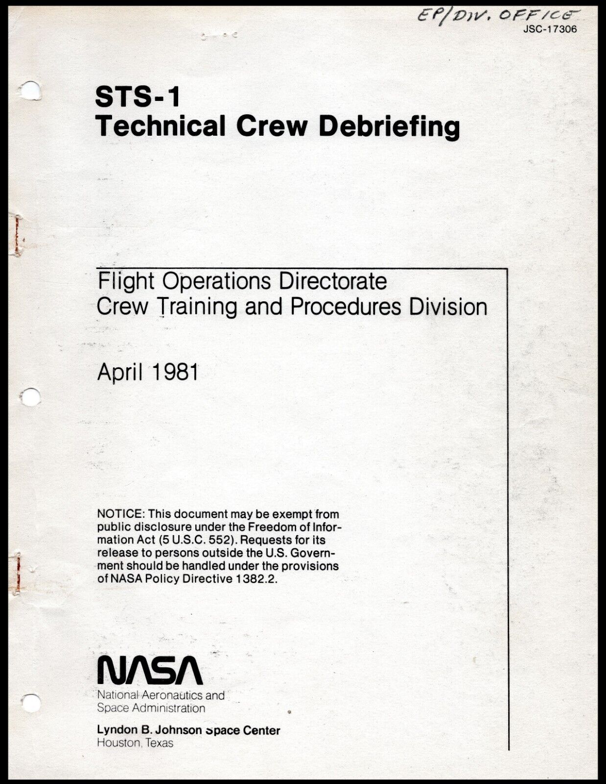 FIRST SHUTTLE FLIGHT-TECHNICAL CREW DEBRIEFING REPORT-\'81 STS-1 ORBITER COLUMBIA