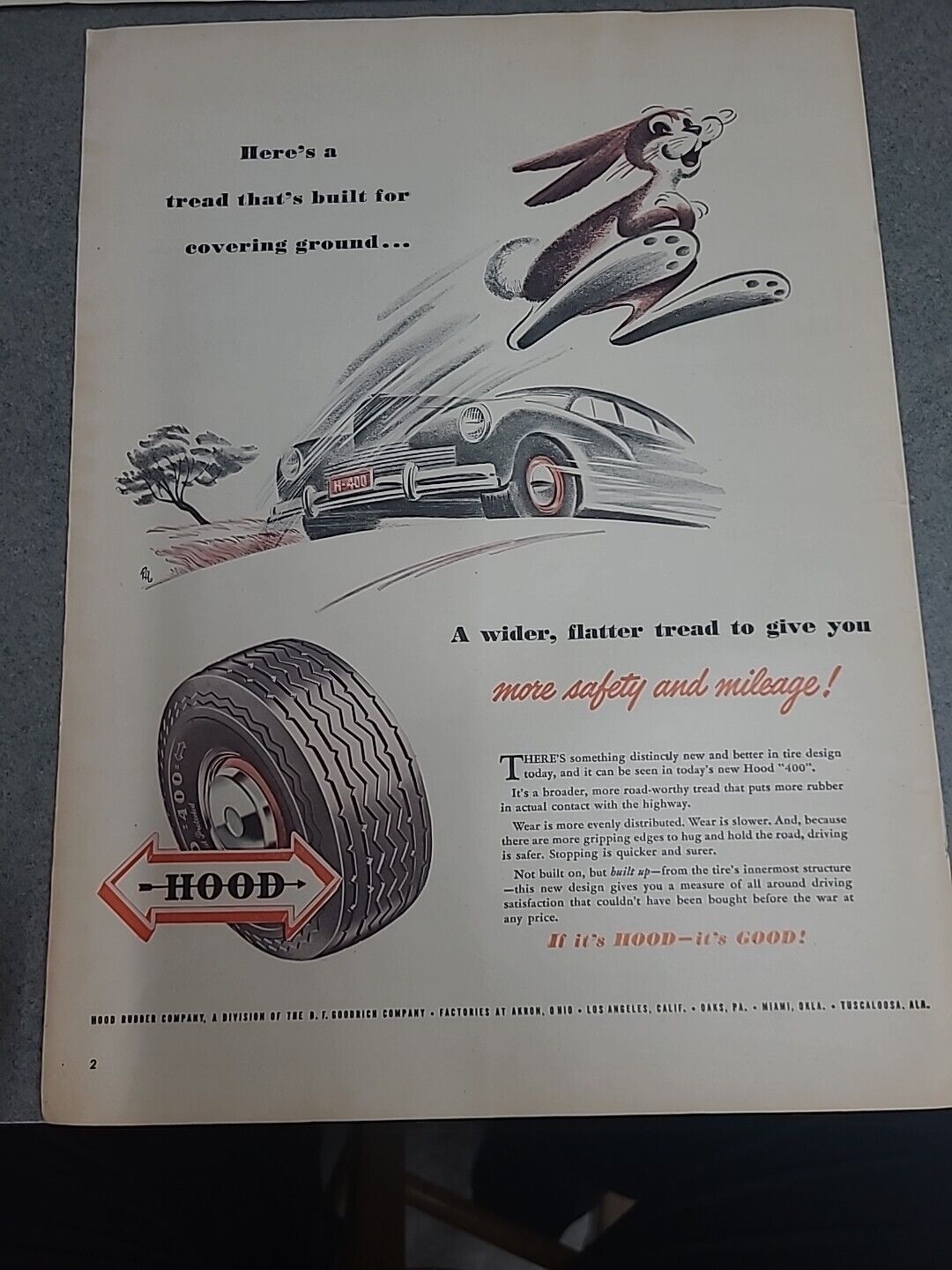 Hood Tires Vintage Print Ad 1947 10x14