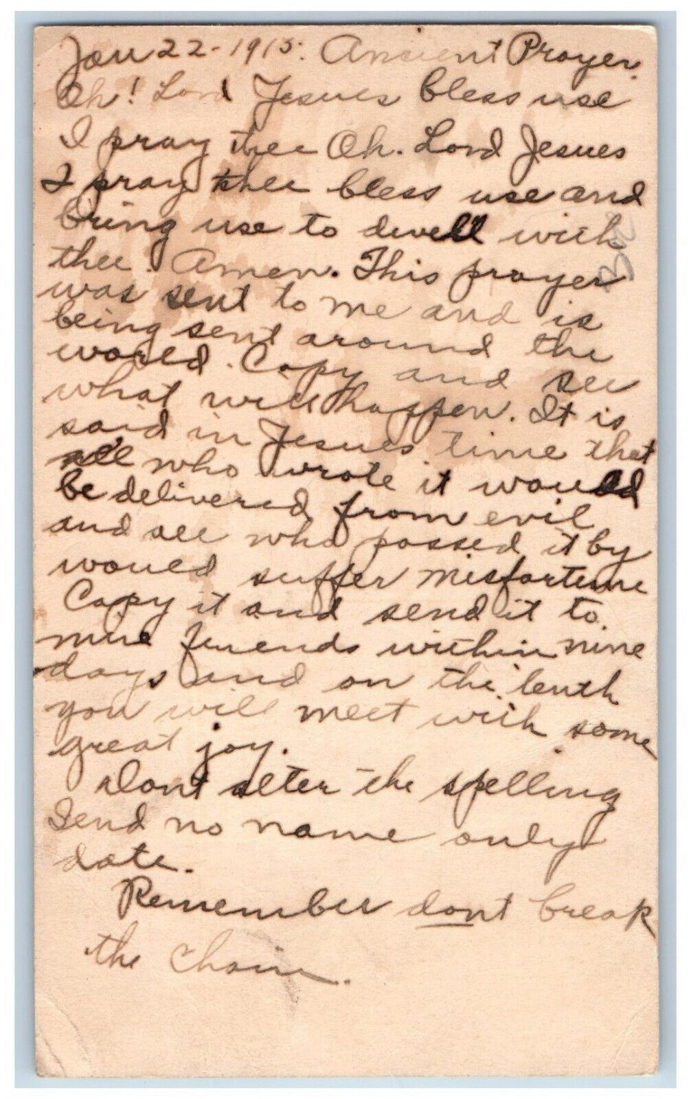 Wellman Iowa IA Postal Card Ancient Prayer to Jesus Dont Break Chain 1915