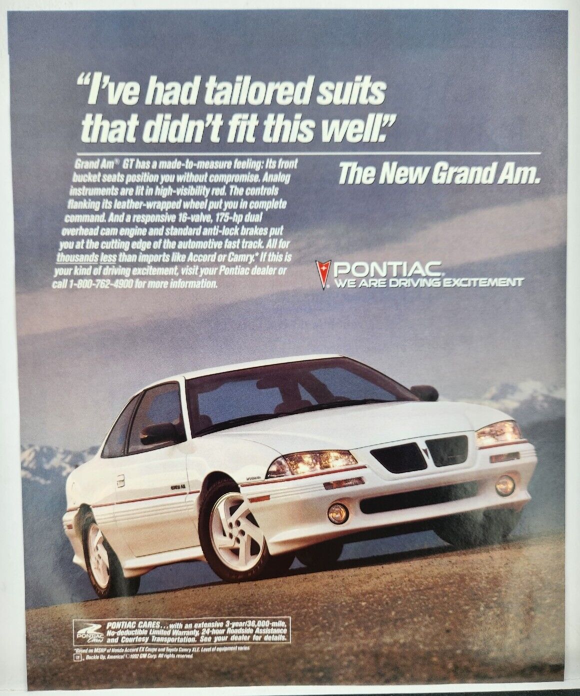 1993 Pontiac Grand Am GT White I\'ve Had Tailored Suits That..Vtg Poster Print Ad