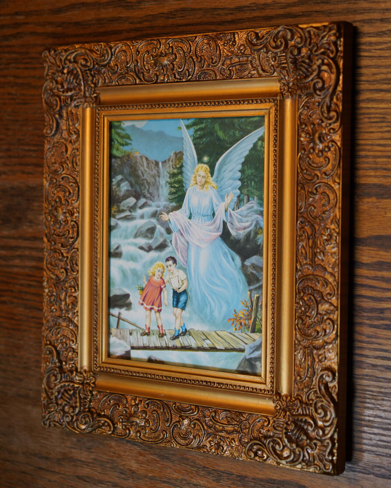 Ornate Framed Guardian Angel Safe Passage Print Children On Bridge Art Religious