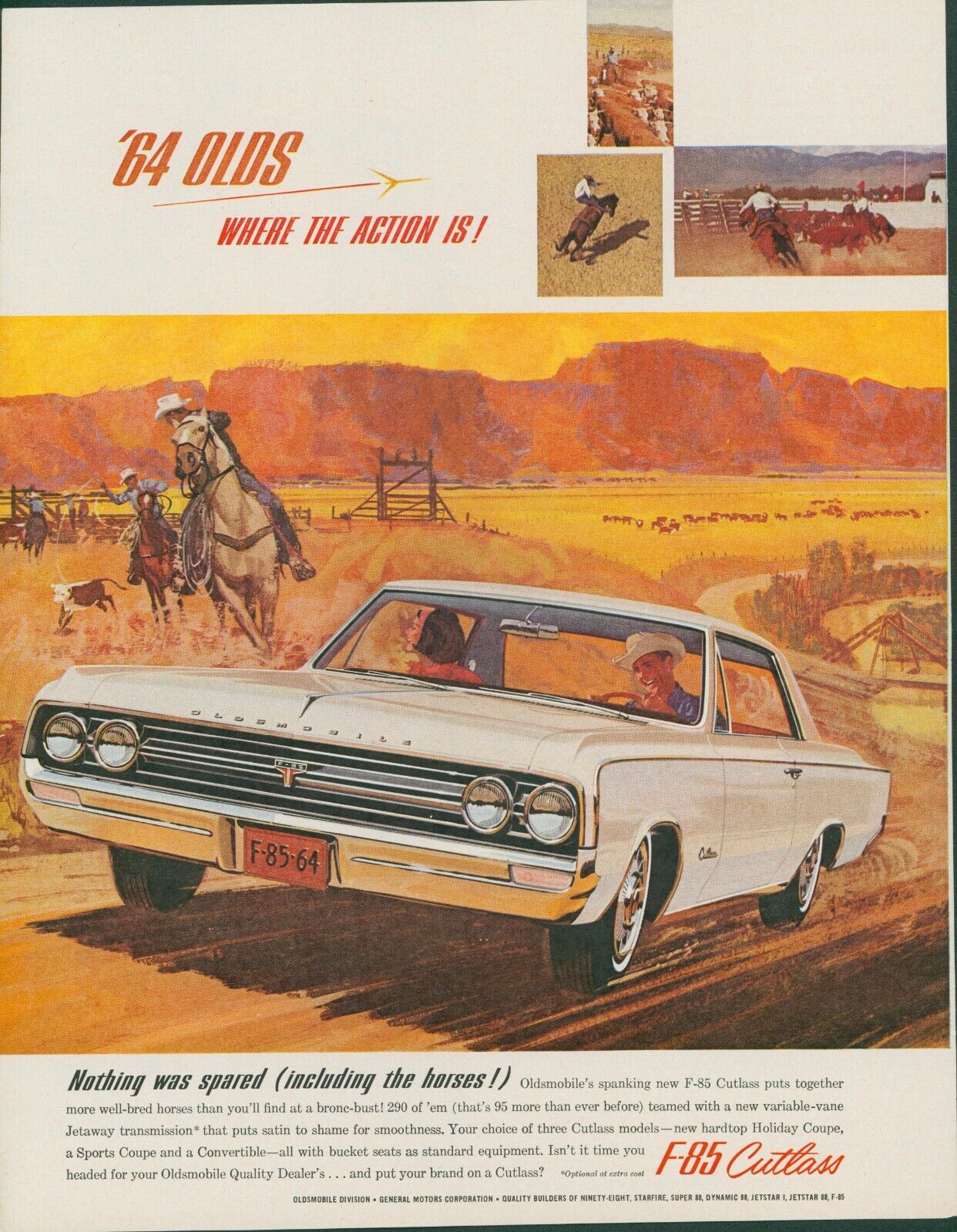 1963 1964 Oldsmobile F85 Cutlass Cowboy Ranch Horse Calf Vintage Print Ad LO5