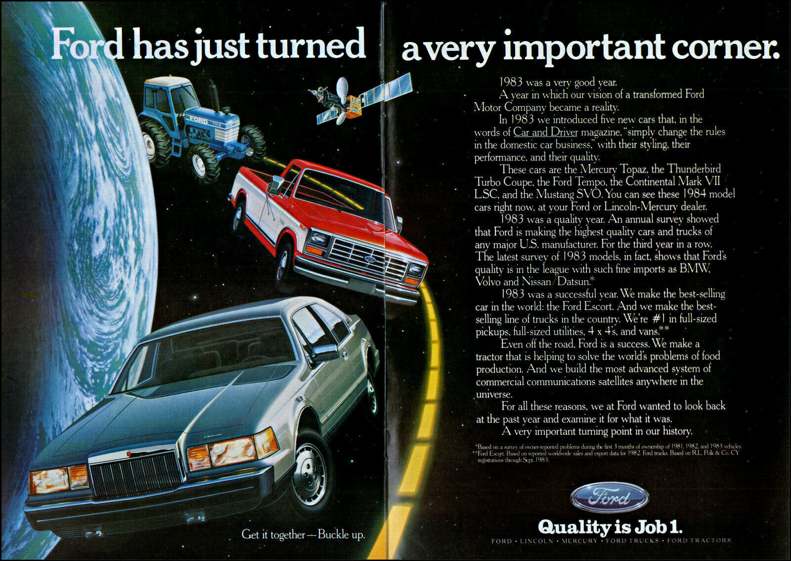 1984 Ford Motors Car Truck Tractor Satellite earth space retro art print ad S21