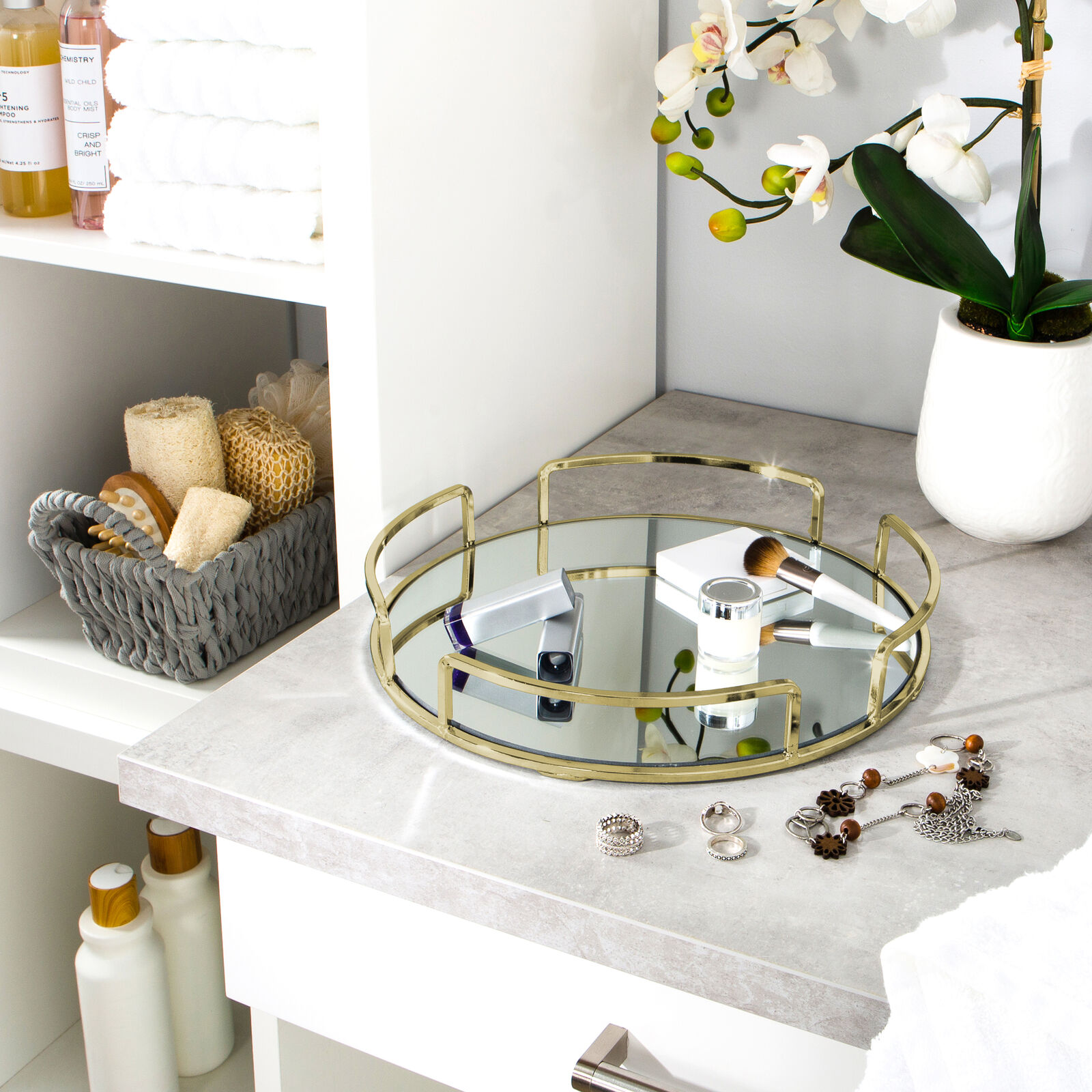 Home Details Modern Round Mirror Vanity Tray in Satin Gold