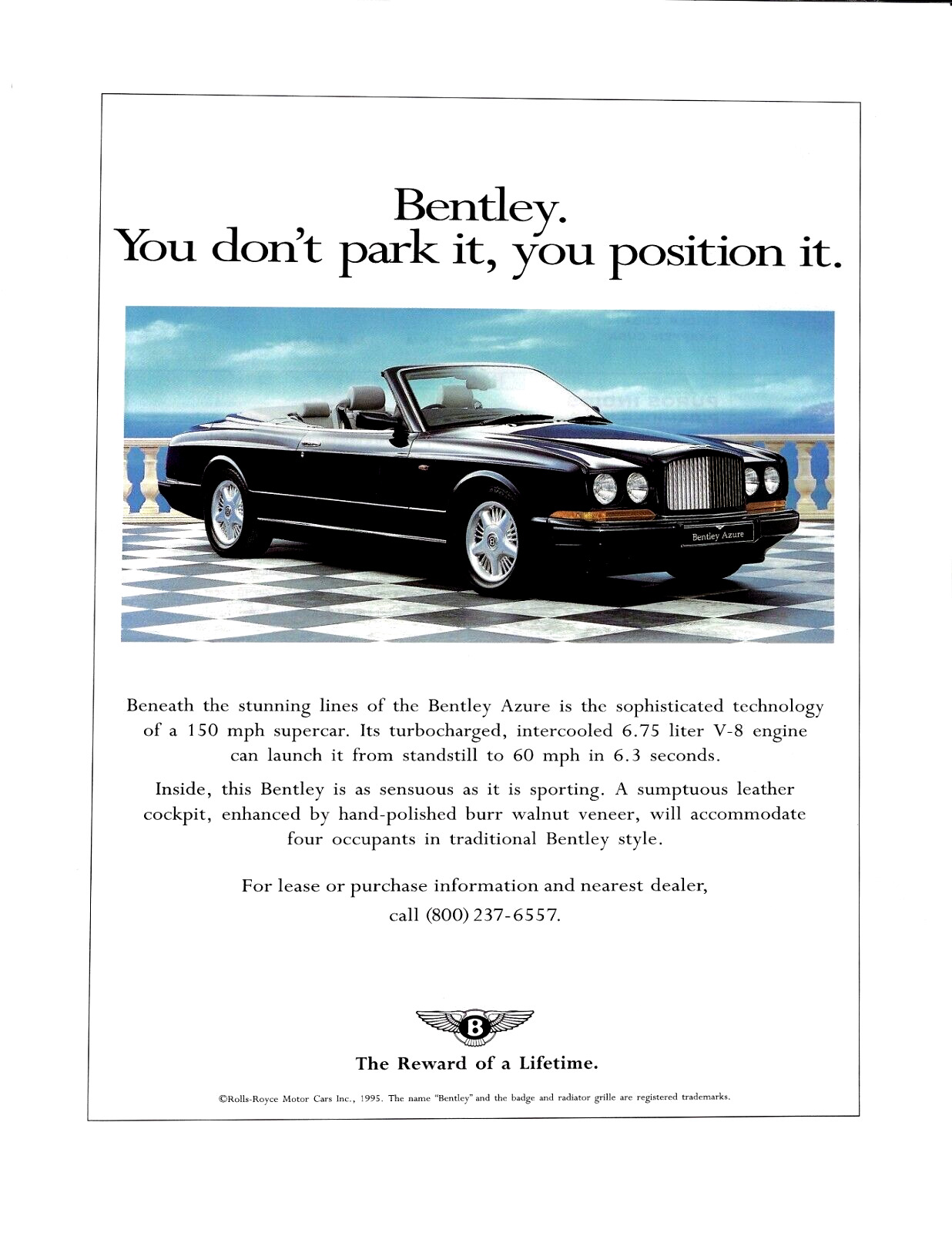 1995 Bentley Azure 6.75 Liter V-8 150mph Supercar Park It Vintage Print Ad x