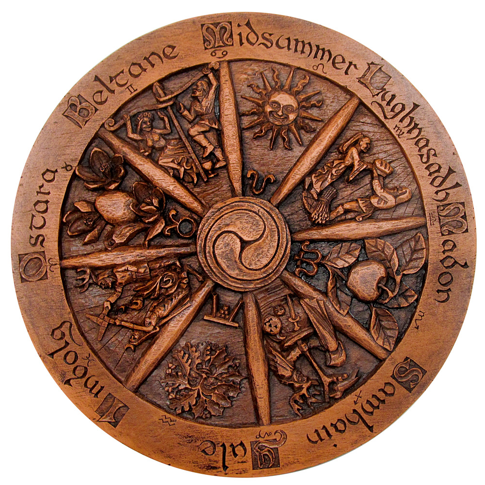Large Wheel of the Year Plaque - Wood Finish - Wicca Pagan Sabbats Wall Decor