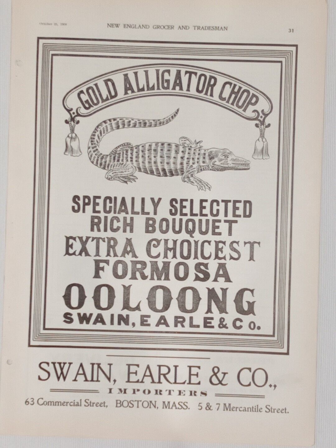 1908 Gold Alligator Chop Tea Swain, Earl & Co. Boston Print Advertising Antique