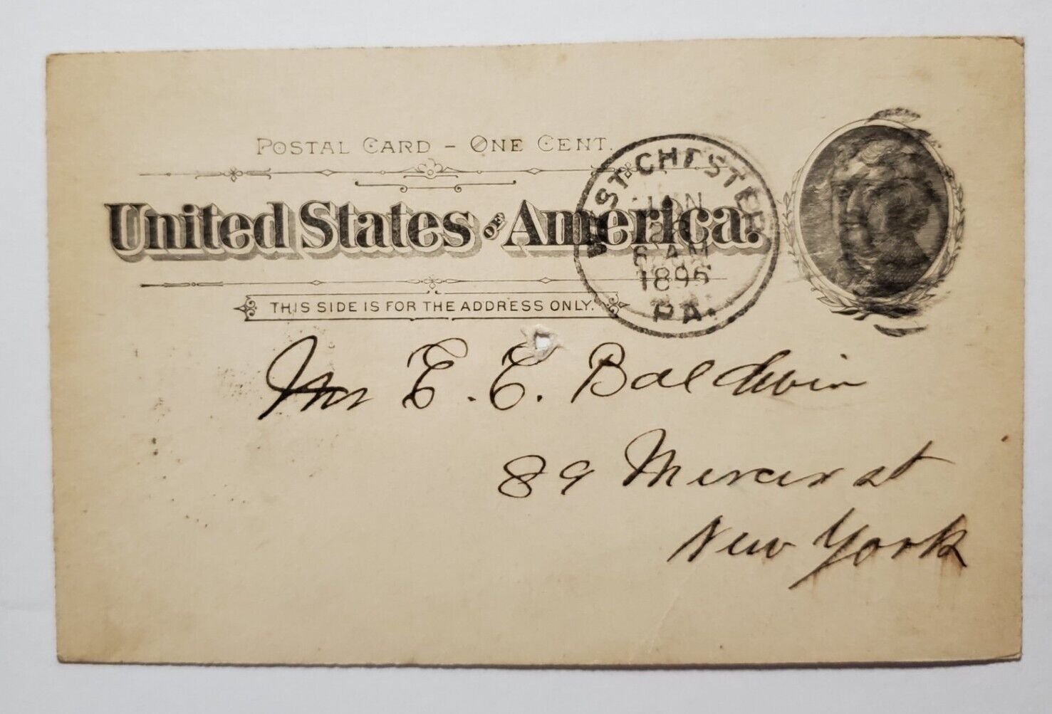 Postal Card One Cent 1895 PA To NY Postcard Stationery W/Message Vintage.   P323