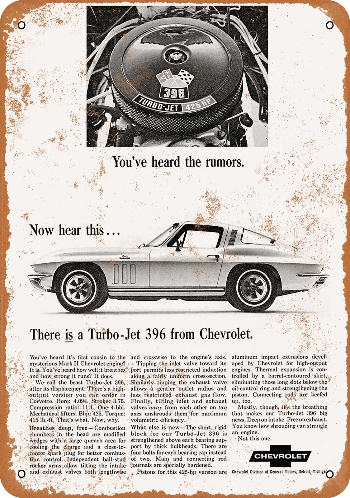Metal Sign - 1965 Chevy Turbo-Jet 396 425 hp Engine -- Vintage Look
