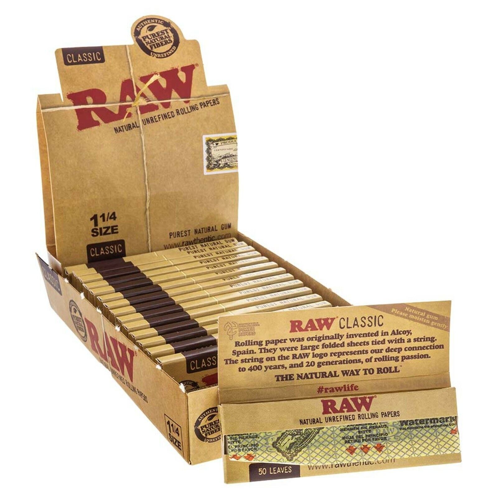 AUTHENTIC 24 RAW 1.25 Classic Hemp Gum Vegan Rolling Papers Natural Paper 11/4  