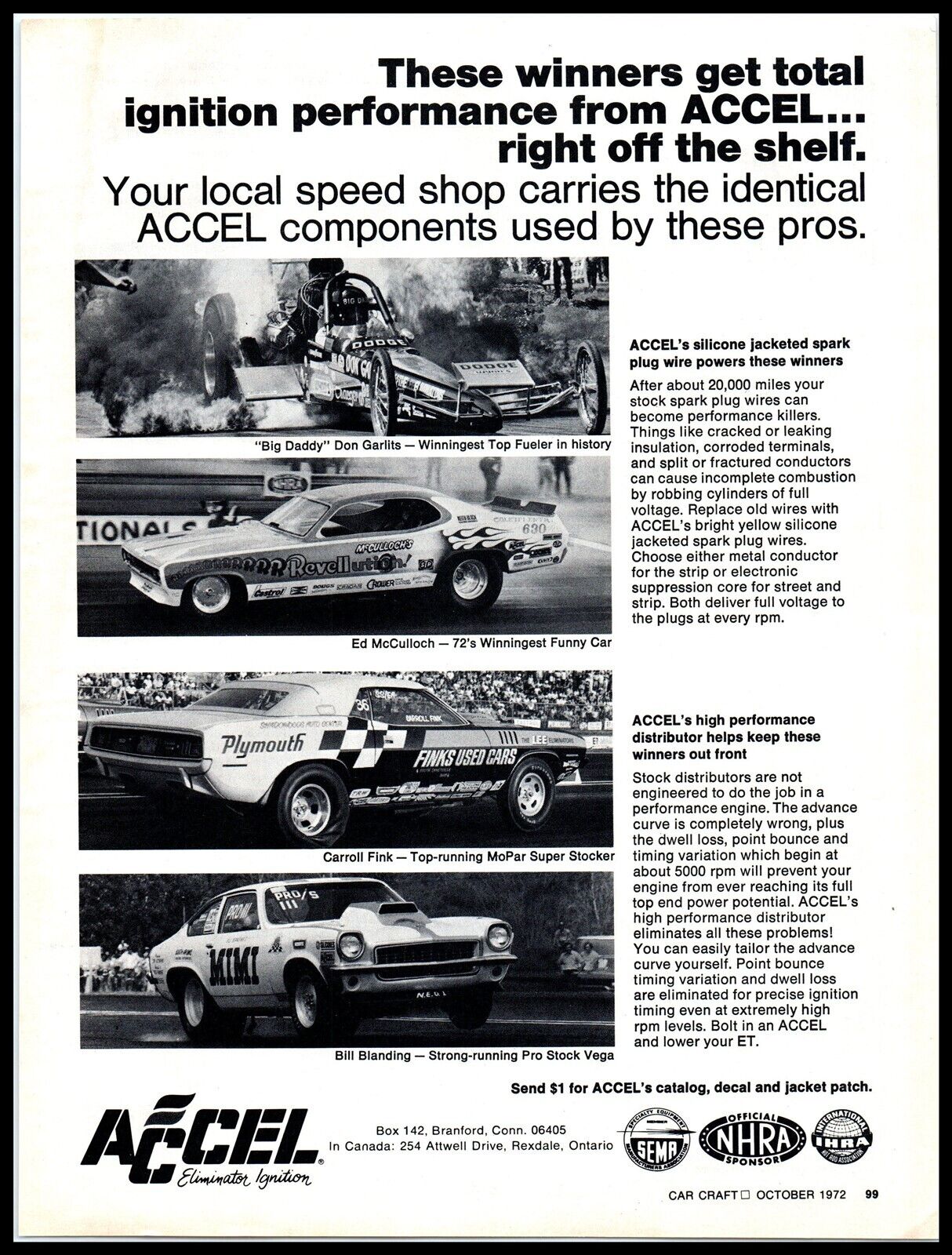 1972 Magazine Print Ad - ACCEL Ignition, Don Garlits, McCulloch Fink Blanding A7
