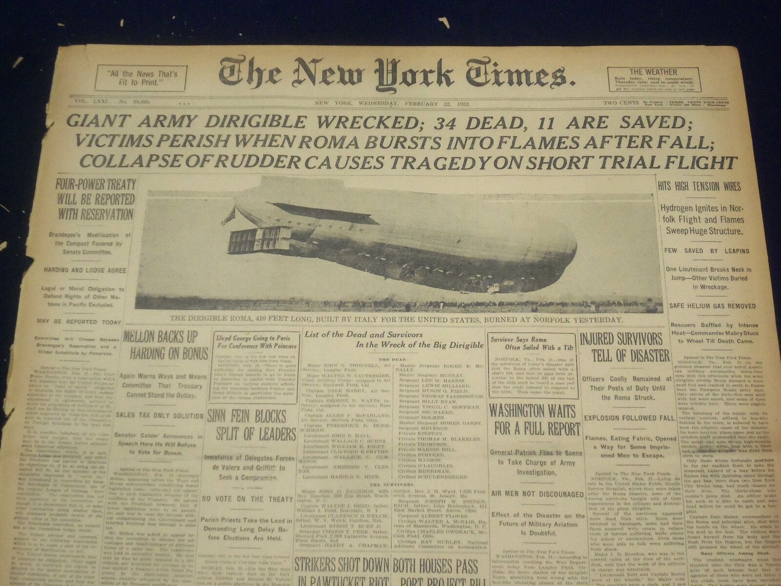 1922 FEBRUARY 22 NEW YORK TIMES - GIANT ARMY DIRIGIBLE WRECKED, 34 DEAD- NT 9022