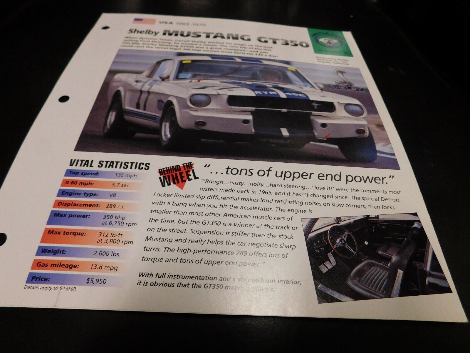 1965-1970 Ford Mustang Shelby GT350 Spec Sheet Brochure Photo Poster 66 67 68 69