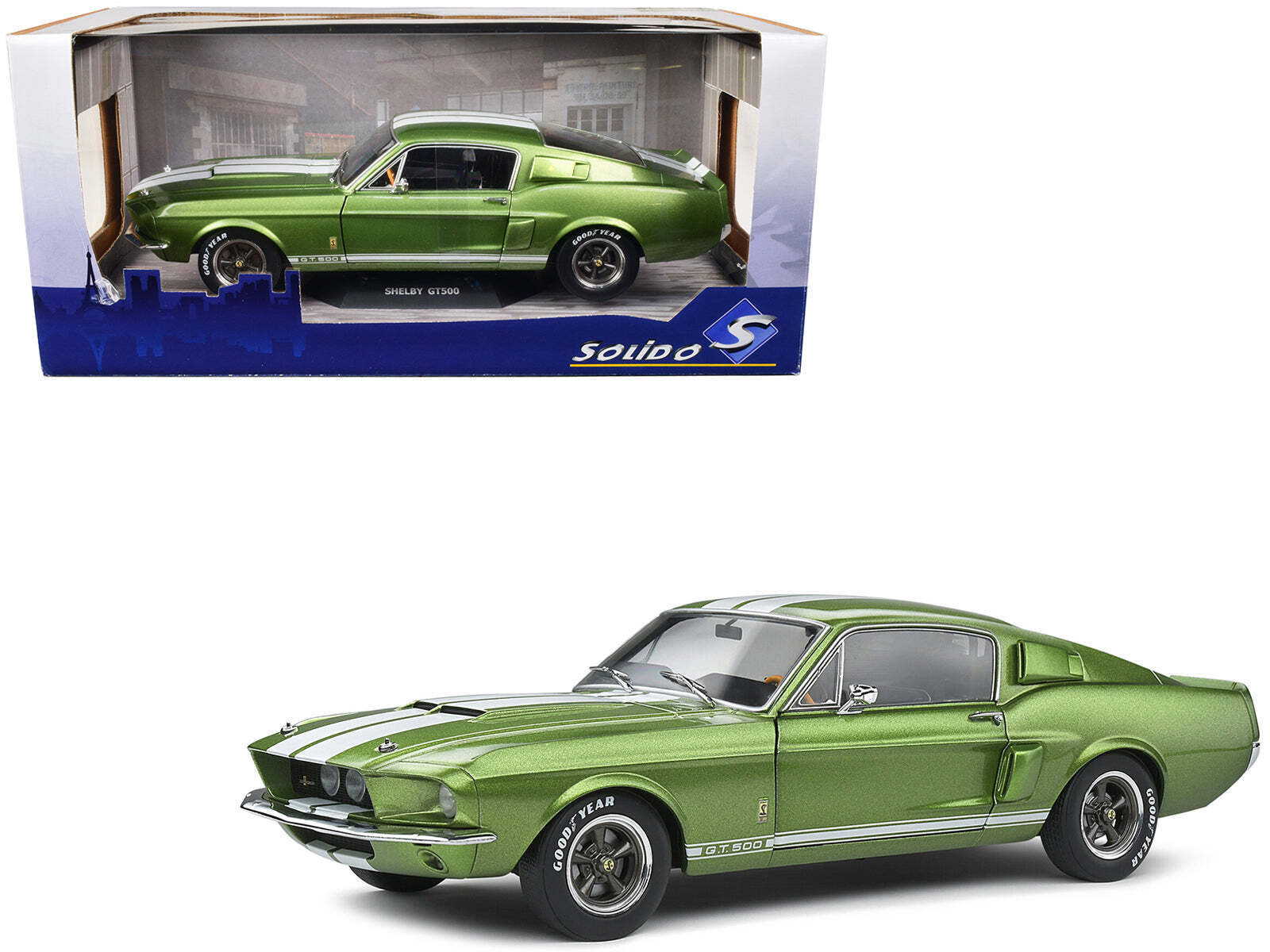 1967 Shelby GT500 Lime Green Metallic with White Stripes 1/18 Diecast Model Car