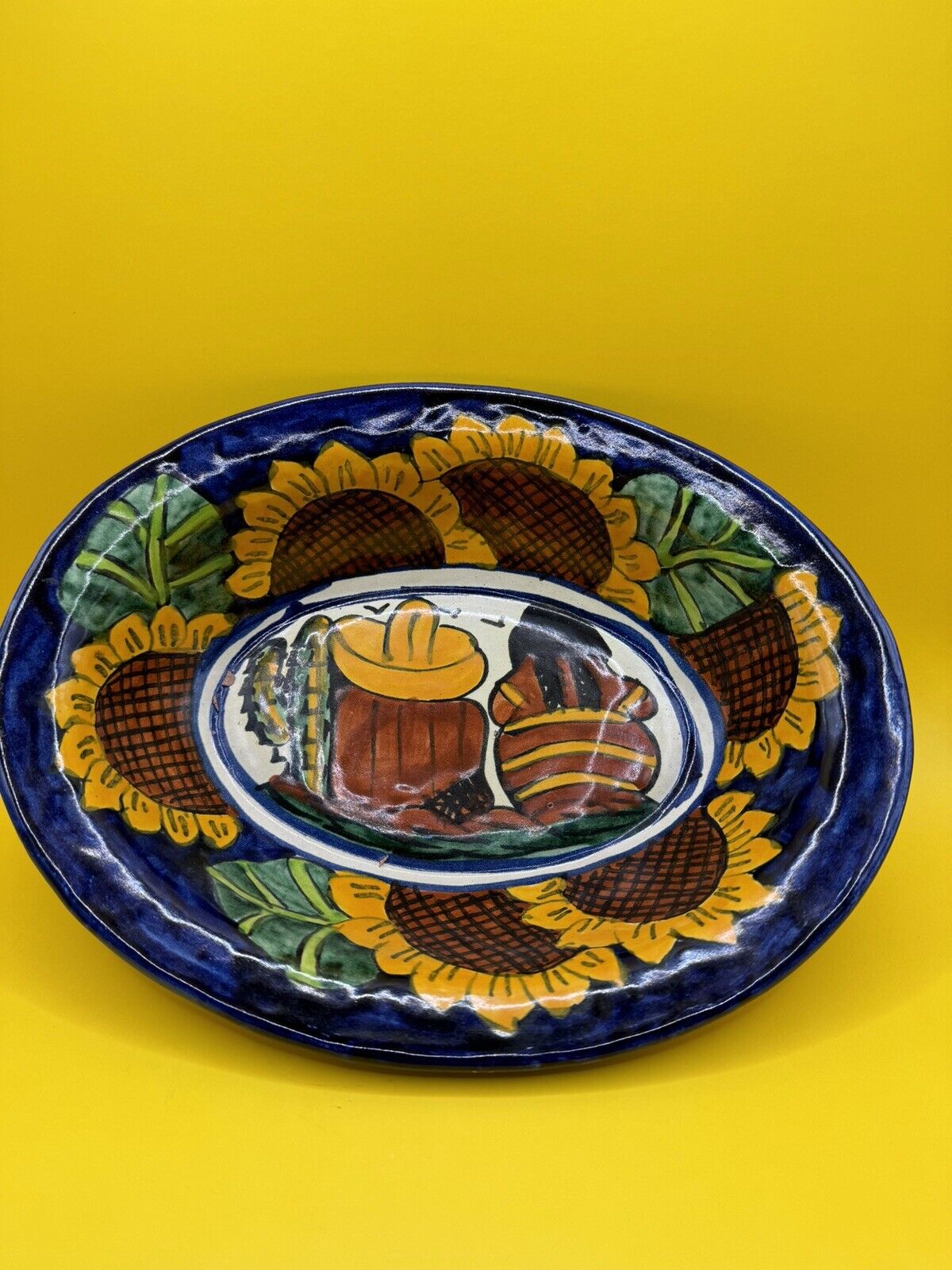 Mexican Talavera Pottery Oblong Deep Serving Bowl Dish Sunflowers Signed