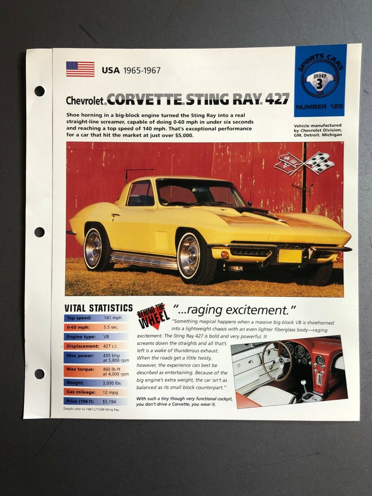 1965 - 1967 Chevrolet Corvette Sting Ray 427 Hot Cars Spec Sheet Folder Brochure