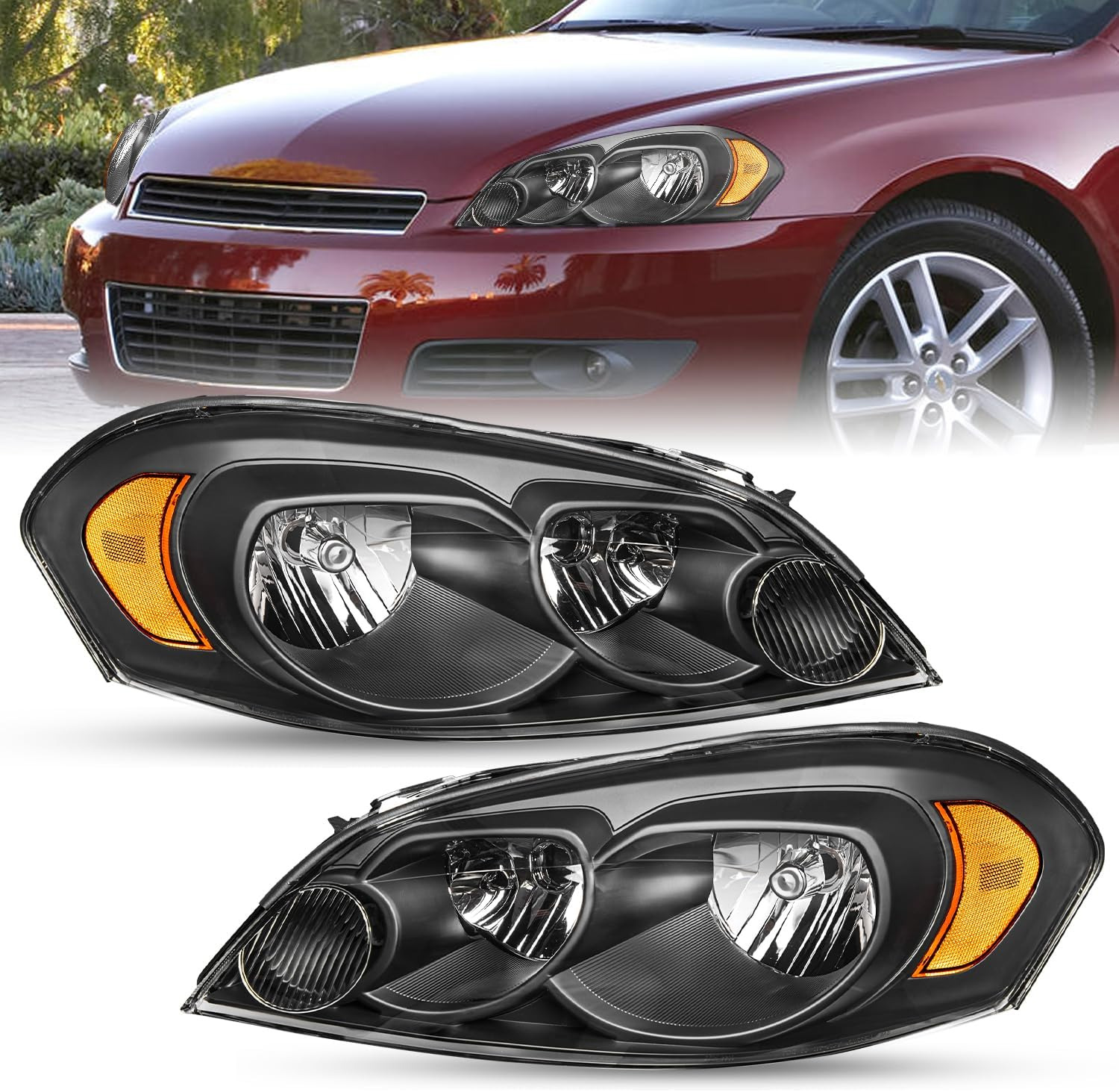 Halogen Headlight Assembly Set Compatible with 2006-2013 Chevy Impala / 2014-201