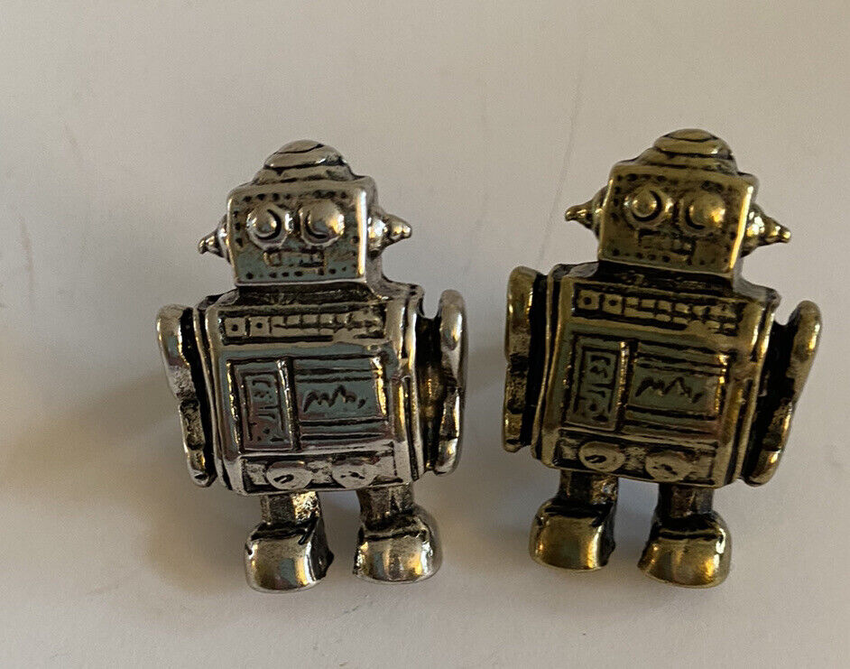 Vintage 1960's Robot Spaceman Rings 1 Silver tone & 1 Gold tone Metal 7 1/2 size