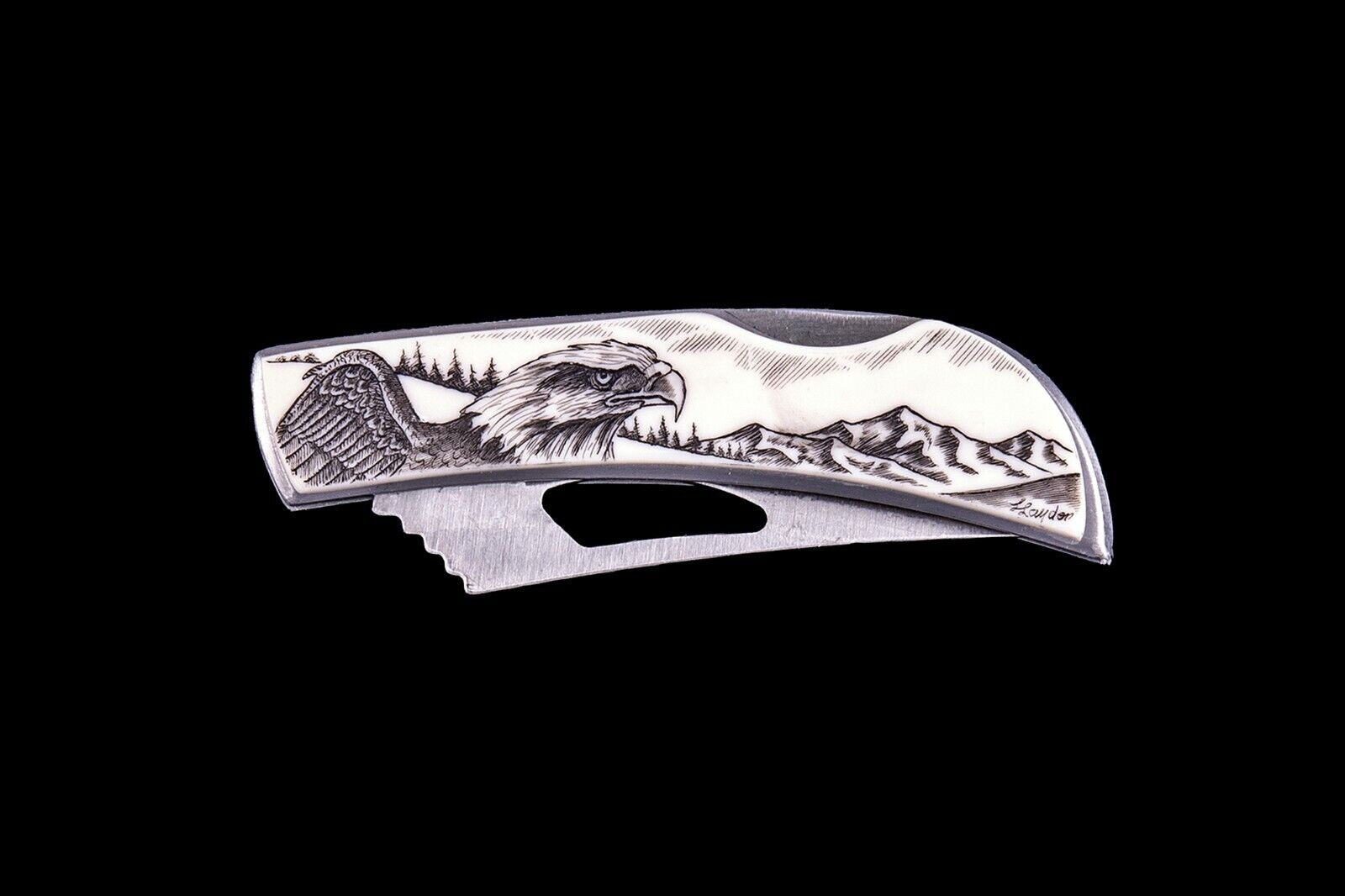Scrimshaw Eagle Face Stainless Steel Silver Hawk Pocket Knife
