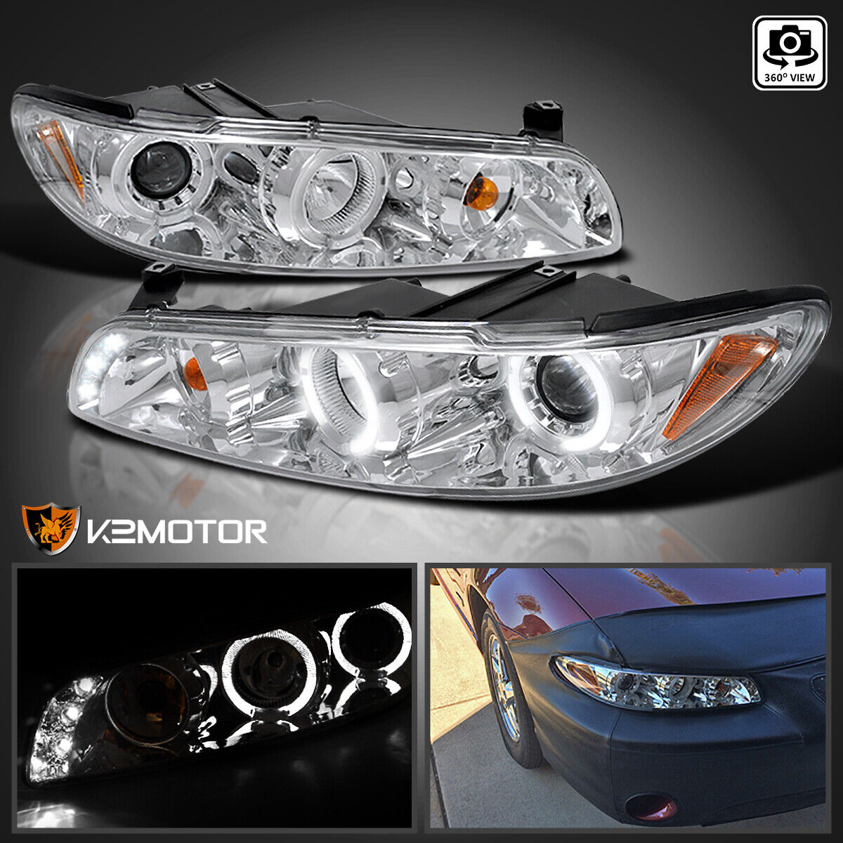 Fits 1997-2003 Pontiac Grand Prix Clear LED Halo Projector Headlights Lamps