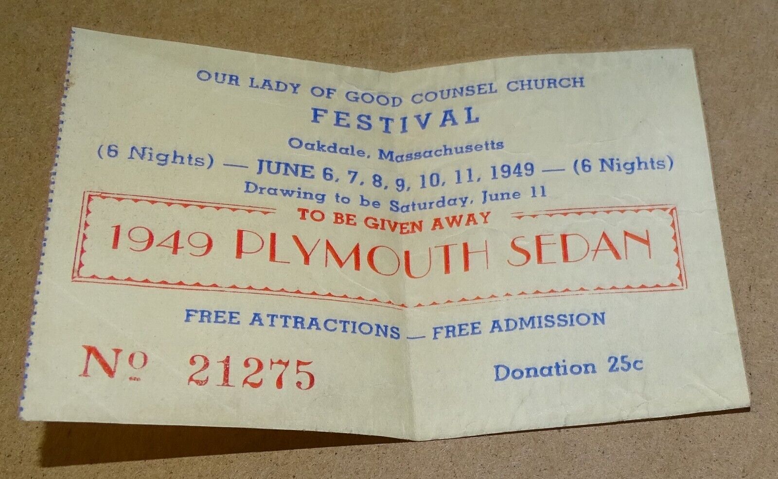 1949 Oakdale MA Our Lady of Good Counsel Church RAFFLE TICKET for PLYMOUTH SEDAN