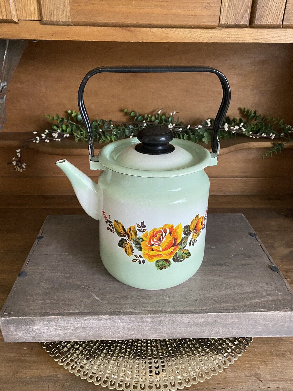 Vintage Russian Flower Enamel Green Teapot/Kettle w/Handle Farmhouse Decor NICE