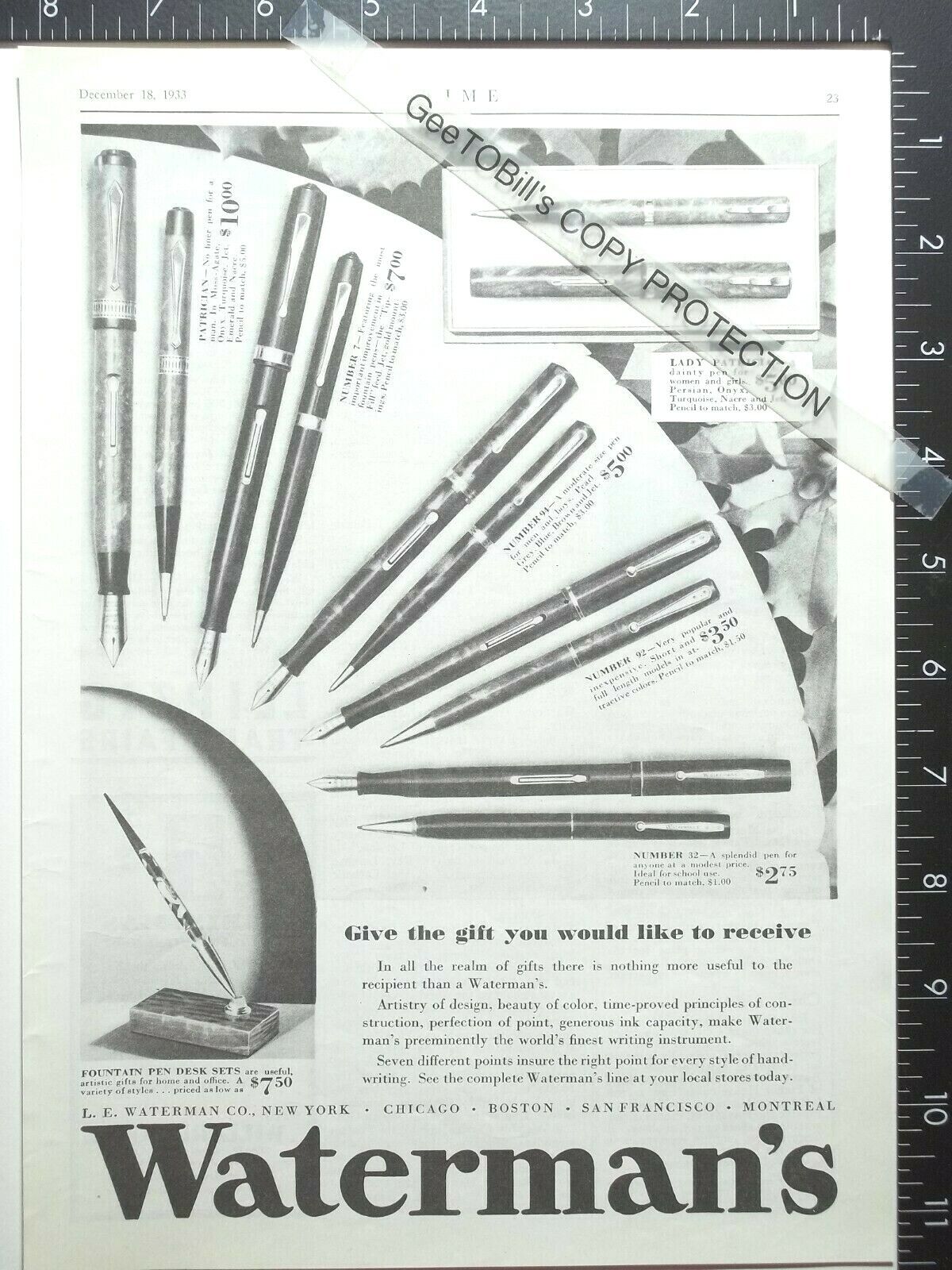 1933 ADVERTISING- L E Waterman fountain pen Patrician No Number 7, 3, 32, 92, 94