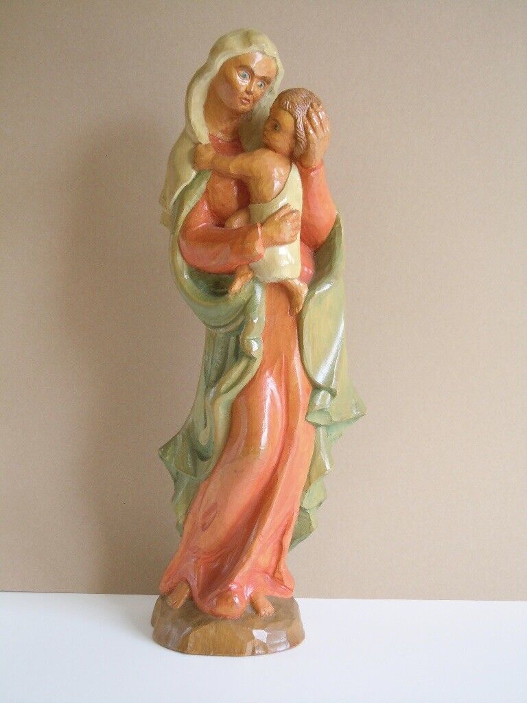 Old Wooden Figure Wood Figure Sculpture Carving Madonna with Child ca.15x5 1/2in