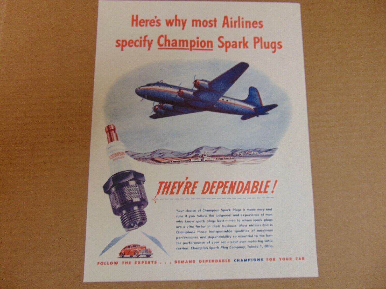 1946 CHAMPION SPARK PLUGS AIRLINES USE FOR DEPENDABILITY vintage art print ad 