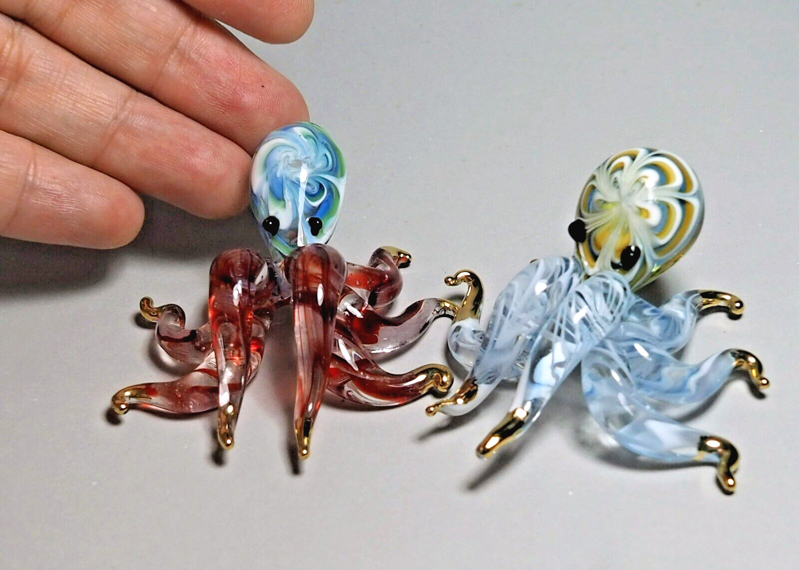 Pair of Octopus (2pcs.) amber maroon handmade blown Glass figurine decor - GIFT