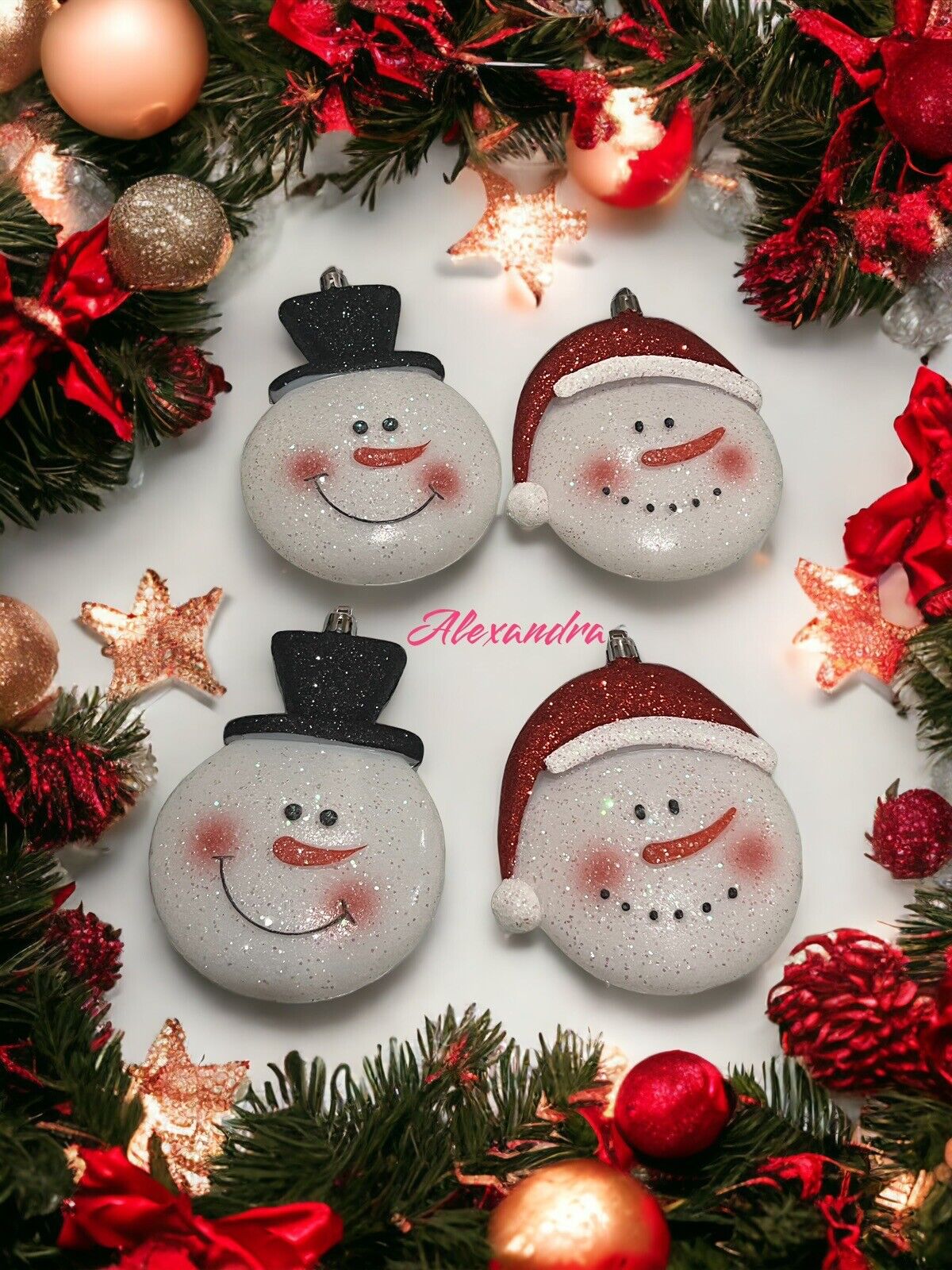 Snowman And Santa Glitter Disc Ornaments 4 Pc Christmas Tree Decor New In Box