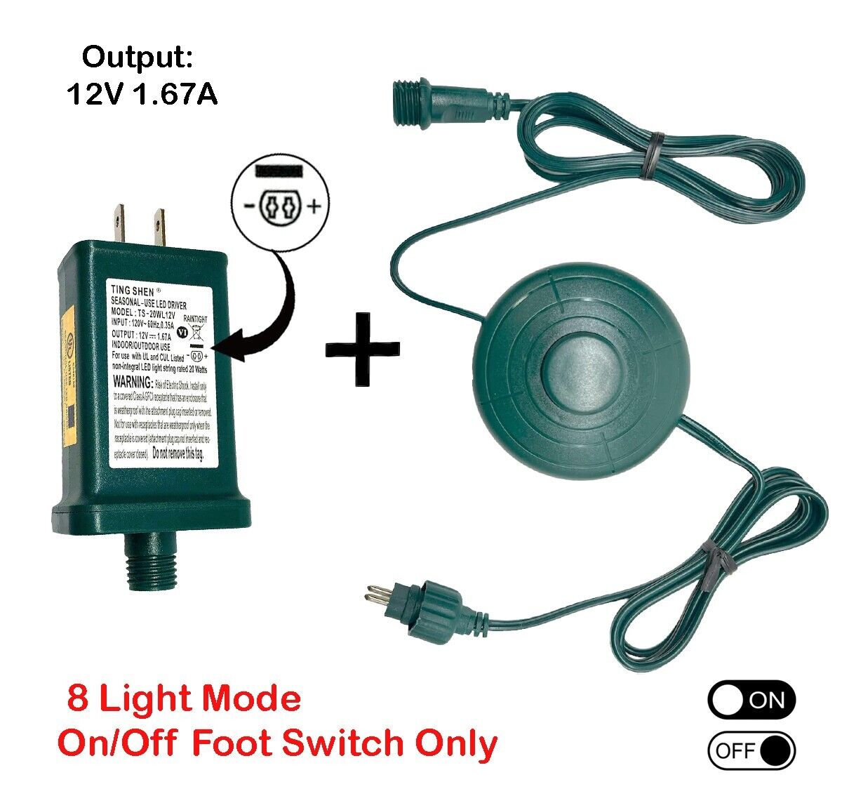 Set Adapter DC 12V 1.67A + Power Cord Foot Switch 1/2in Plug 6Ft - 8 LIGHT MODE