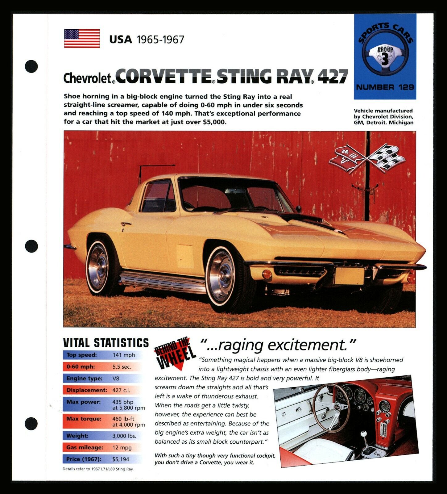 Corvette Sting Ray 427 (USA 1965-67) Spec Sheet 1998 HOT CARS Sports Cars #3.129