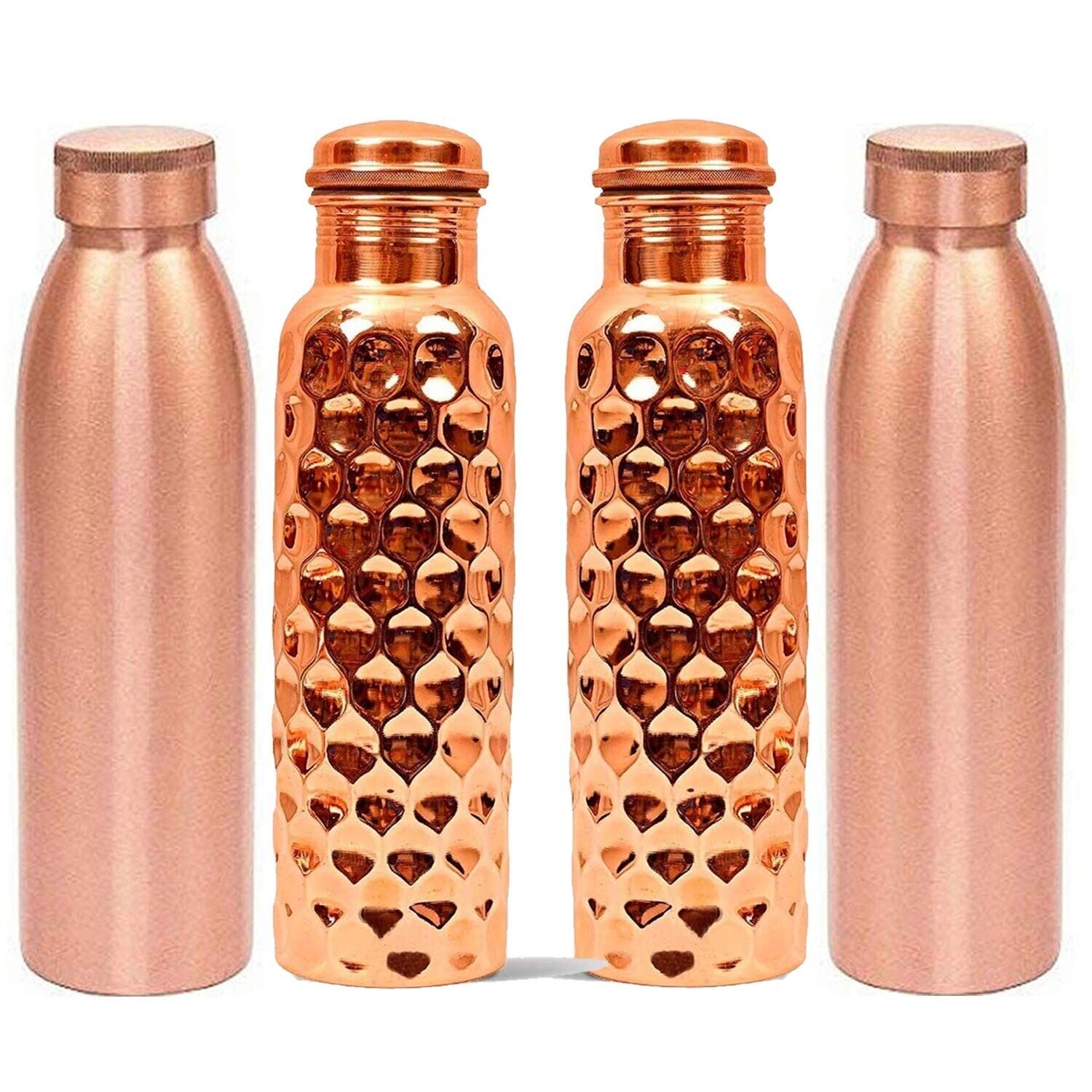Combo Offer Matt Finish & Diamond Cut Copper Bottles for Water 1 Liter Set of 4 