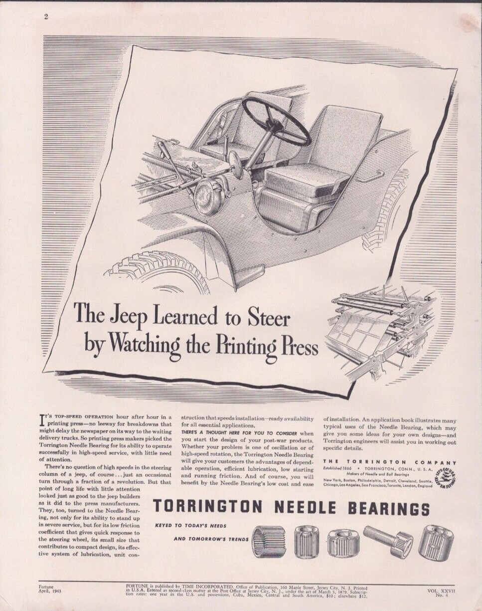 1943 Print Ad Torrington Needle Bearings Jeep Learned to Steer Watching Printing