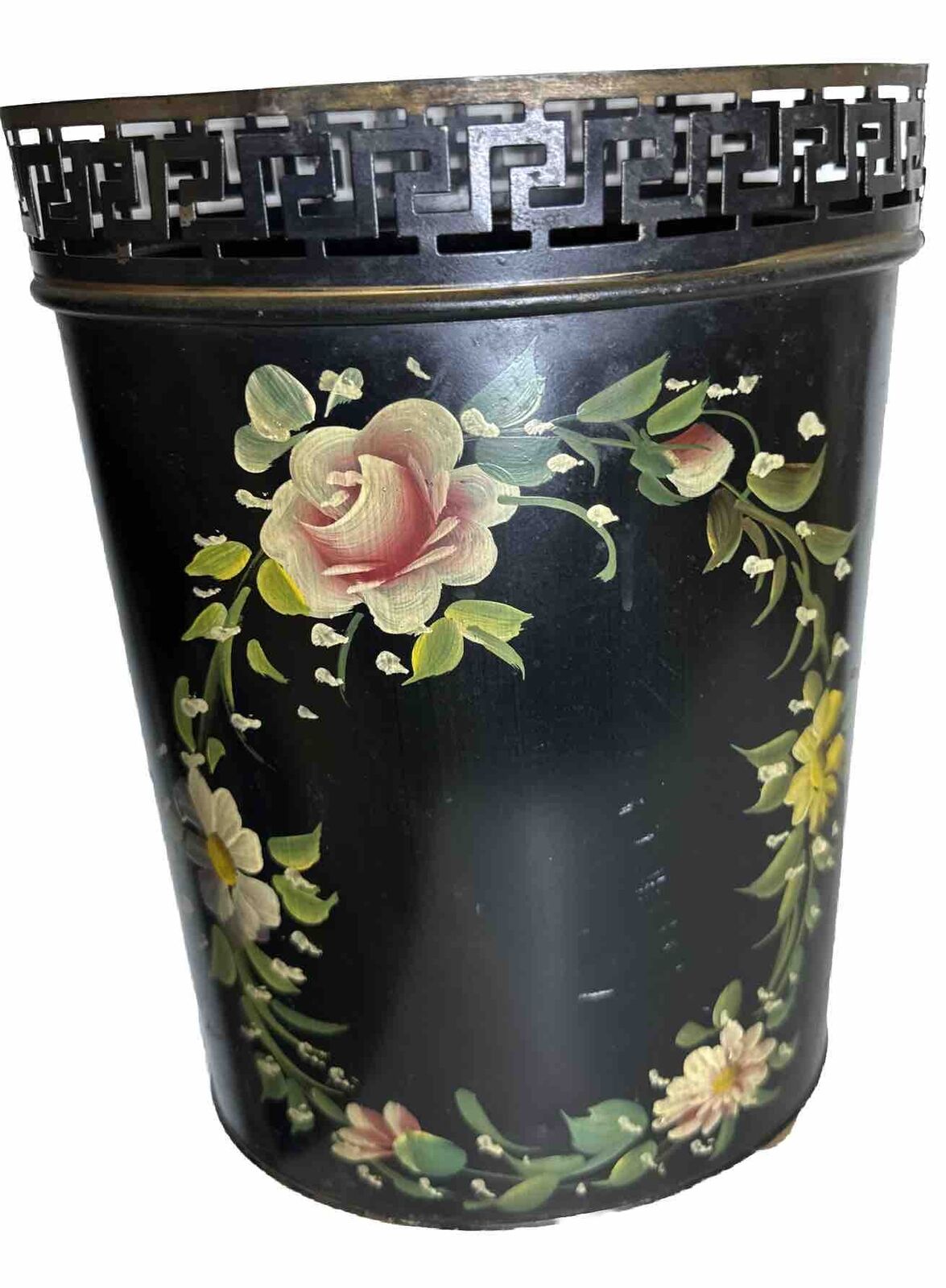 Vintage Plymouth Tole Trash Can Waste Basket Hand Painted Floral on Black Signed