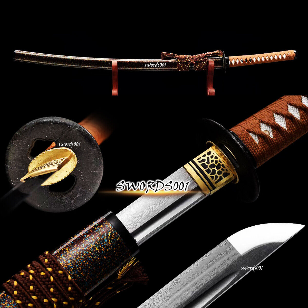 Handmade Japanese Samurai Katana Warrior Sword Folded Steel Blade Dark Brown Ito