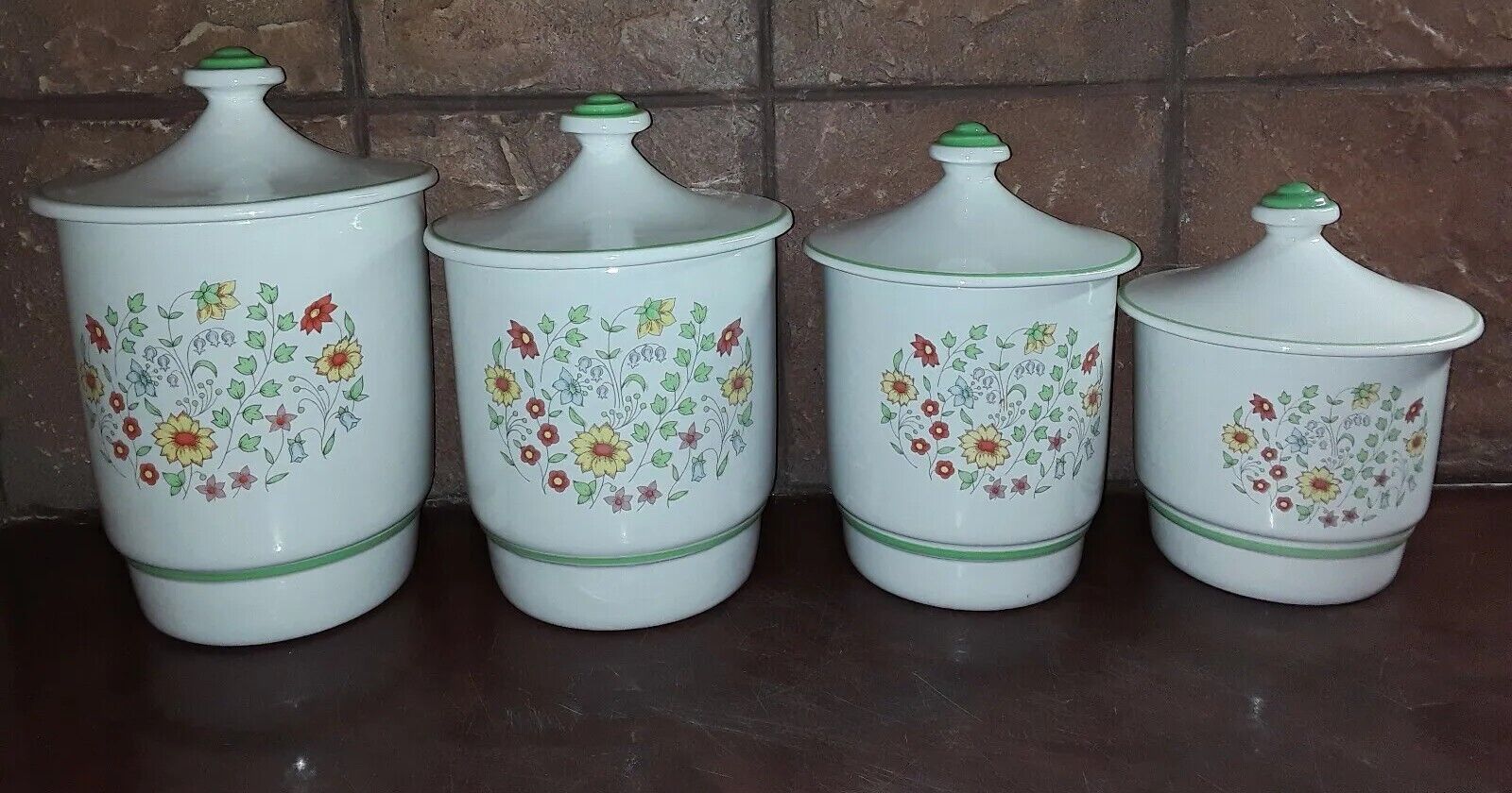 Wildflowers Canisters Ceramic 4 PC Set White Green Vintage 