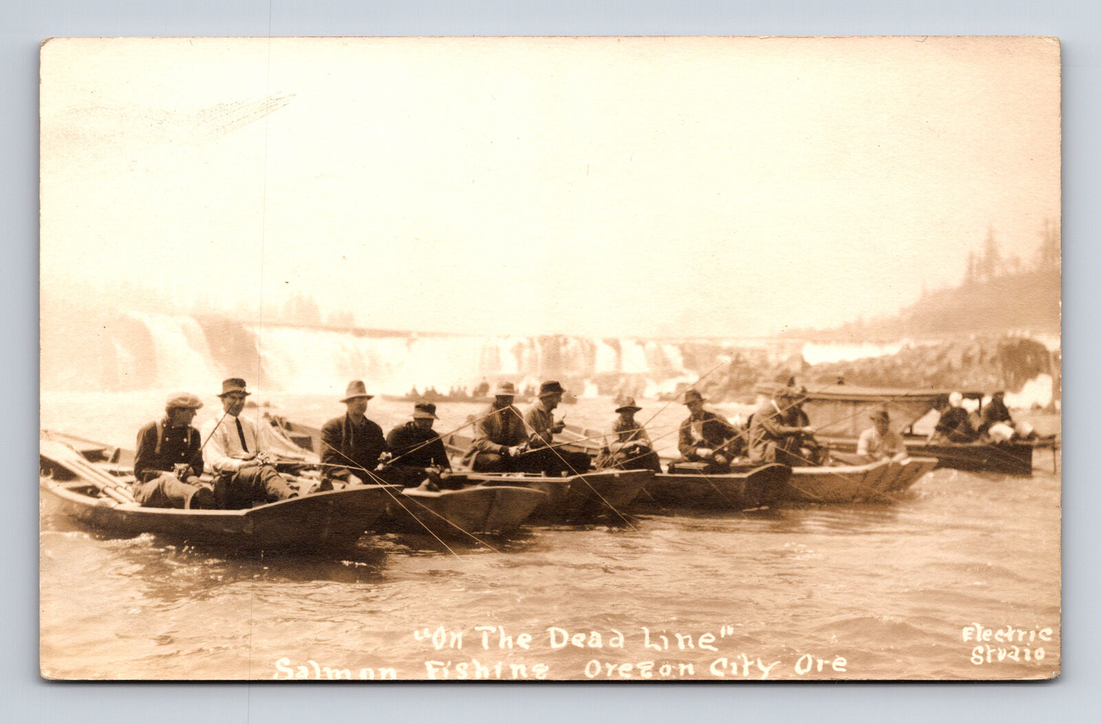 Salmon Fishing Dead Line Men Row Boats Willamette Falls? Oregon City OR Postcard