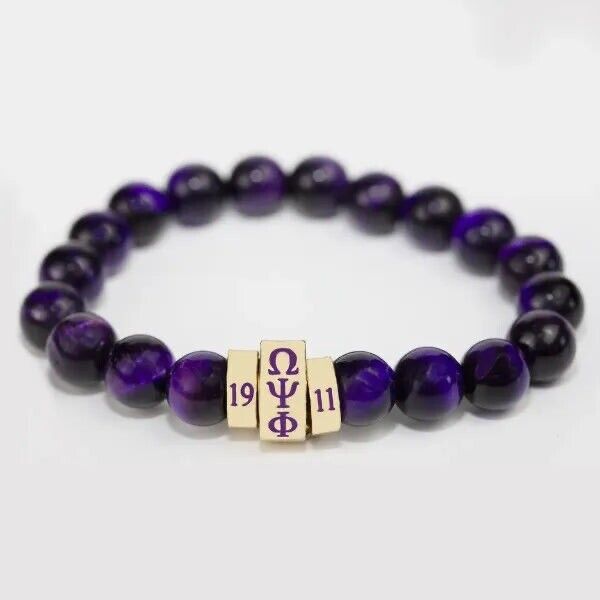Omega Psi Phi Natural Stone Bead Bracelet Purple