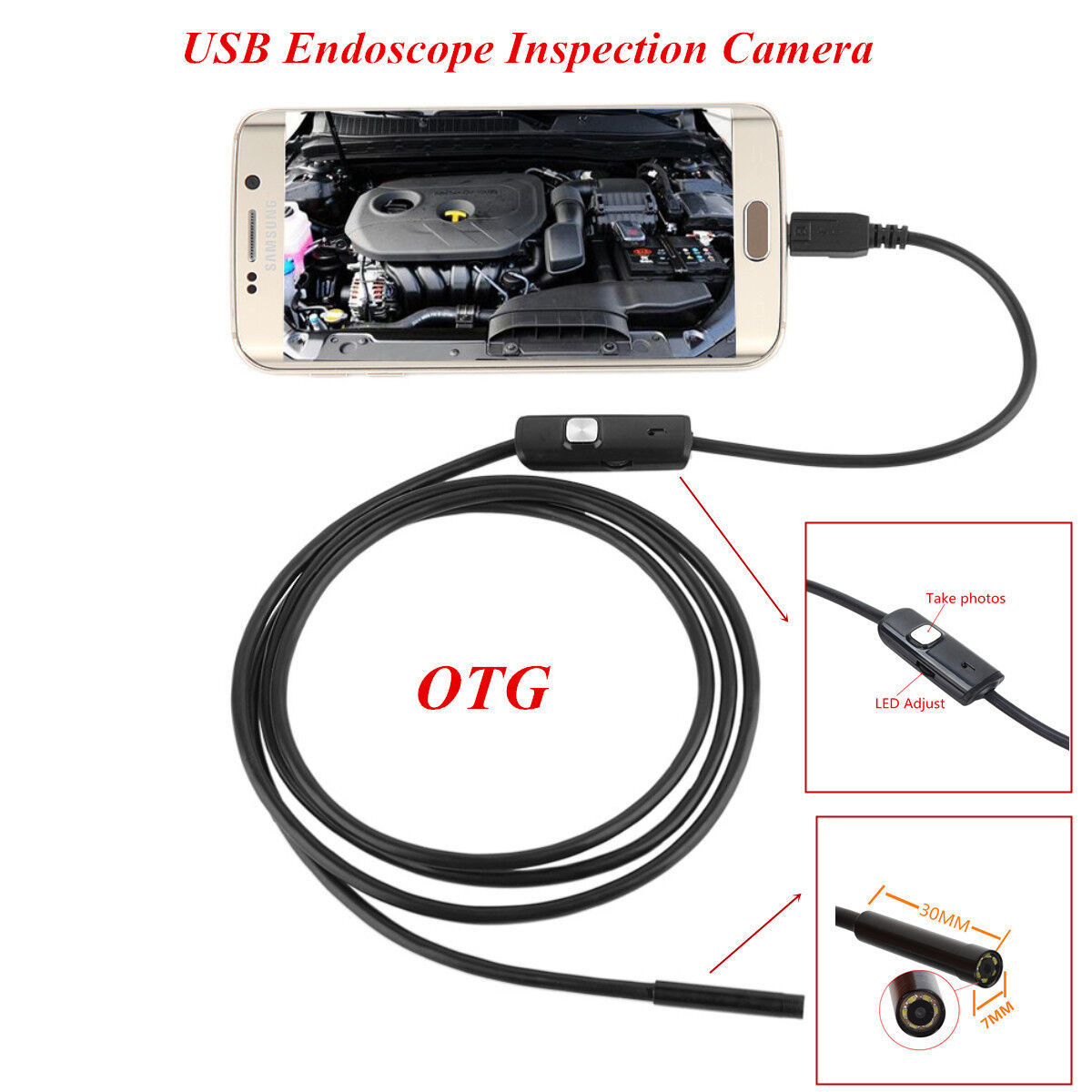 OTG 7mm USB Endoscope Inspection Camera Waterproof 6 LED Android For Car Engine
