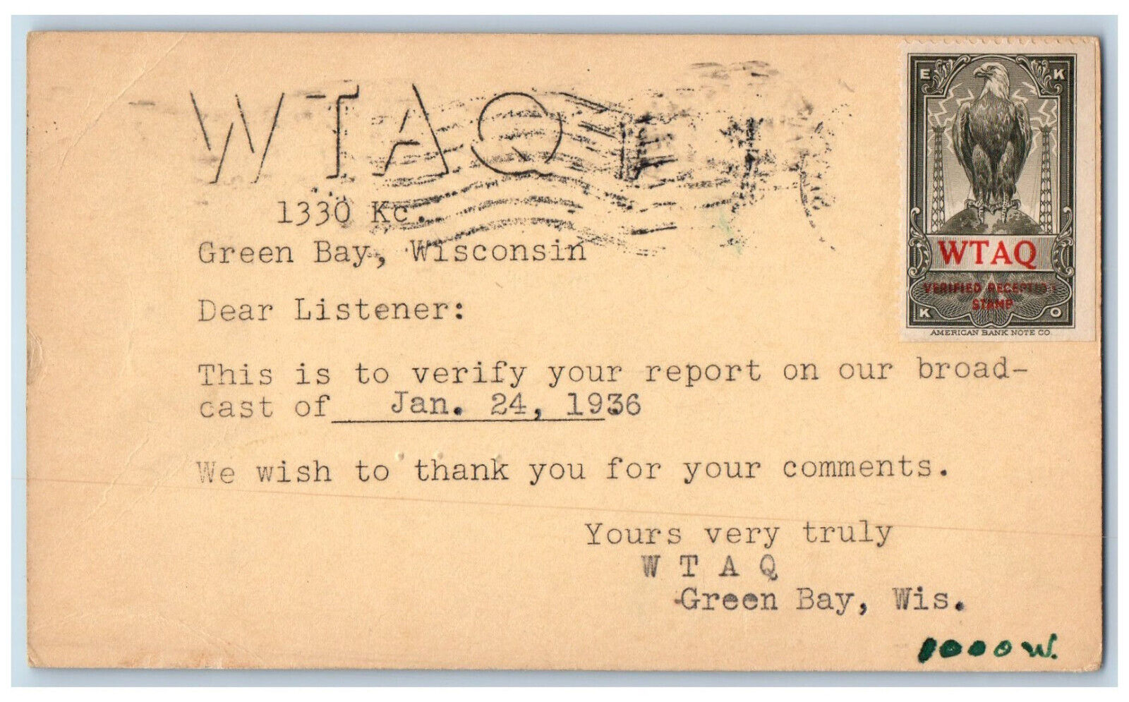 Greenbay WI West De Pere WI Postal Card Verify Report WTAQ 1330 KC 1936