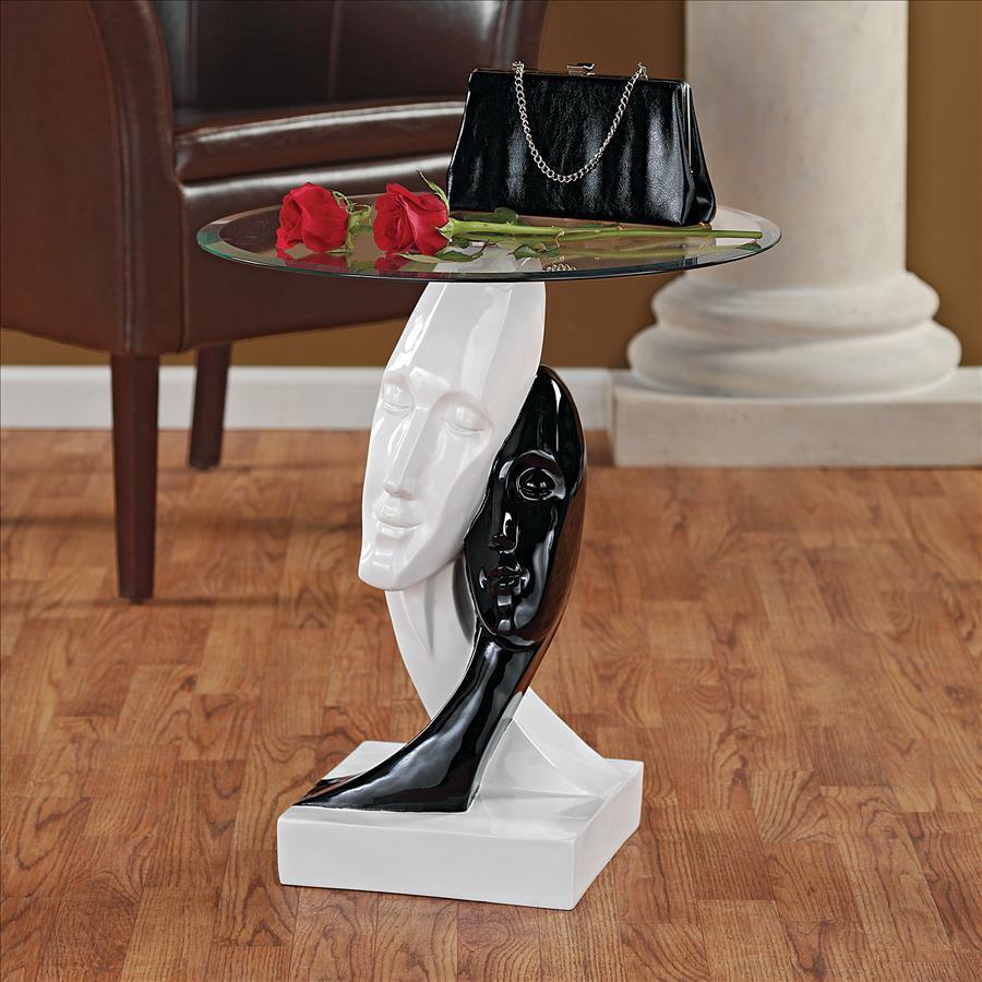 Contemporary Elongated Serene Faces Glossy Black & White Lovers Side Table